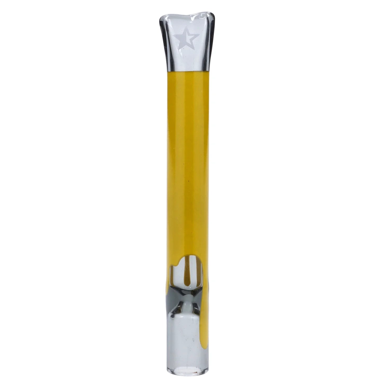 Front view of the 4-inch Famous Design Surrender Chillum, showcasing its sleek, clear glass construction. Front view of the 4-inch Famous Design Surrender Chillum, showcasing its sleek, clear glass construction.