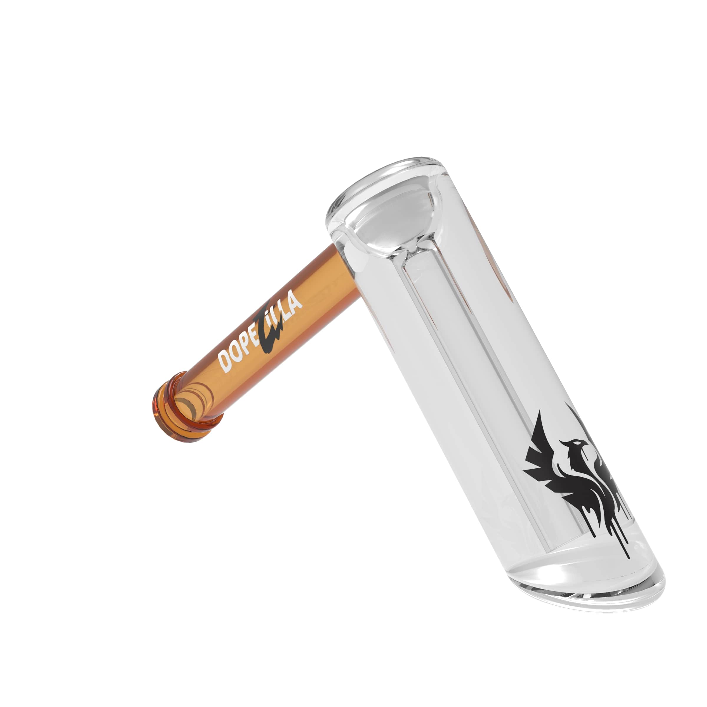 A three-quarter view of the 5-inch Dopezilla Phoenix Bubbler, showcasing its clear glass construction and curved design. A three-quarter view of the 5-inch Dopezilla Phoenix Bubbler, showcasing its clear glass construction and curved design.