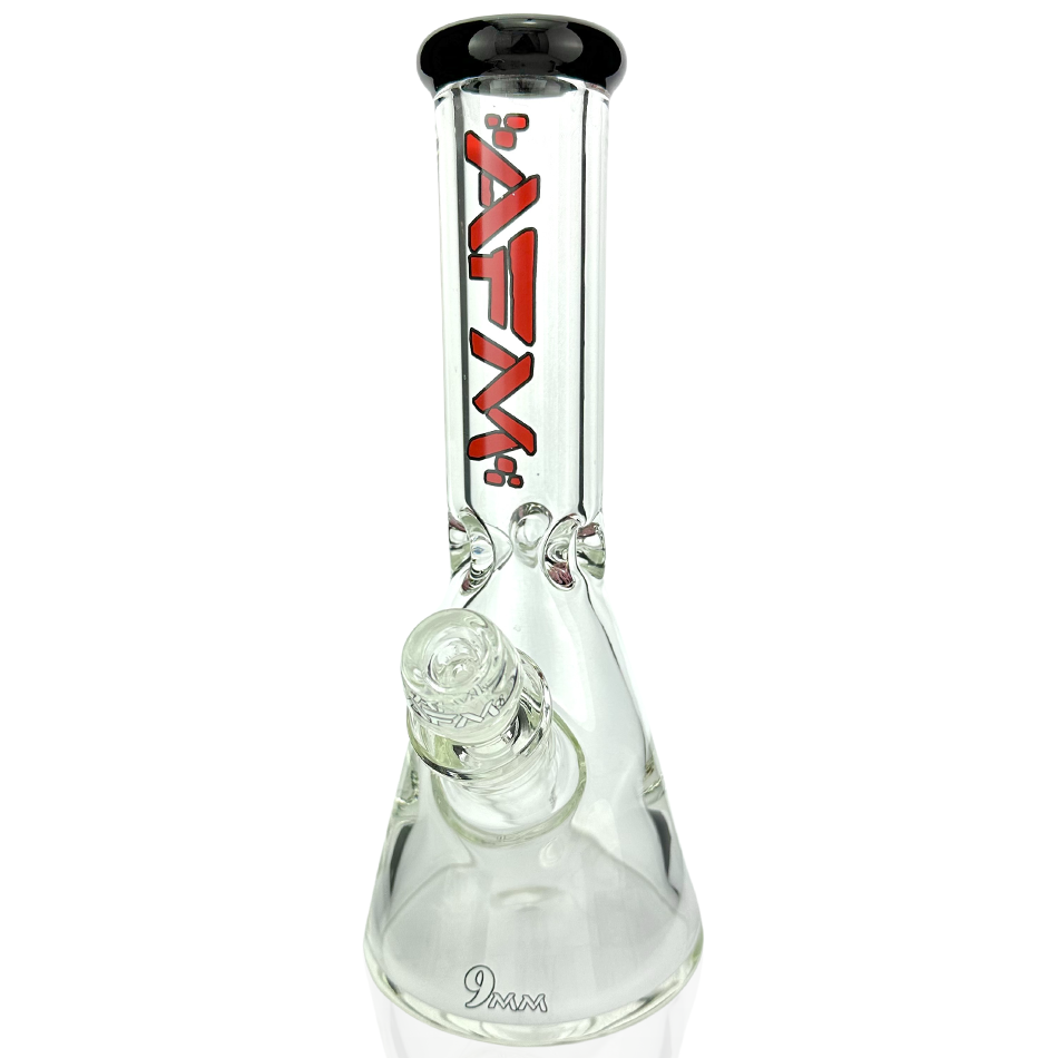 Front view of the 12" Heavy Boi Colored Lip 9mm Beaker Bong, featuring a clear glass body and a colored lip detail. Front view of the 12" Heavy Boi Colored Lip 9mm Beaker Bong, featuring a clear glass body and a colored lip detail.