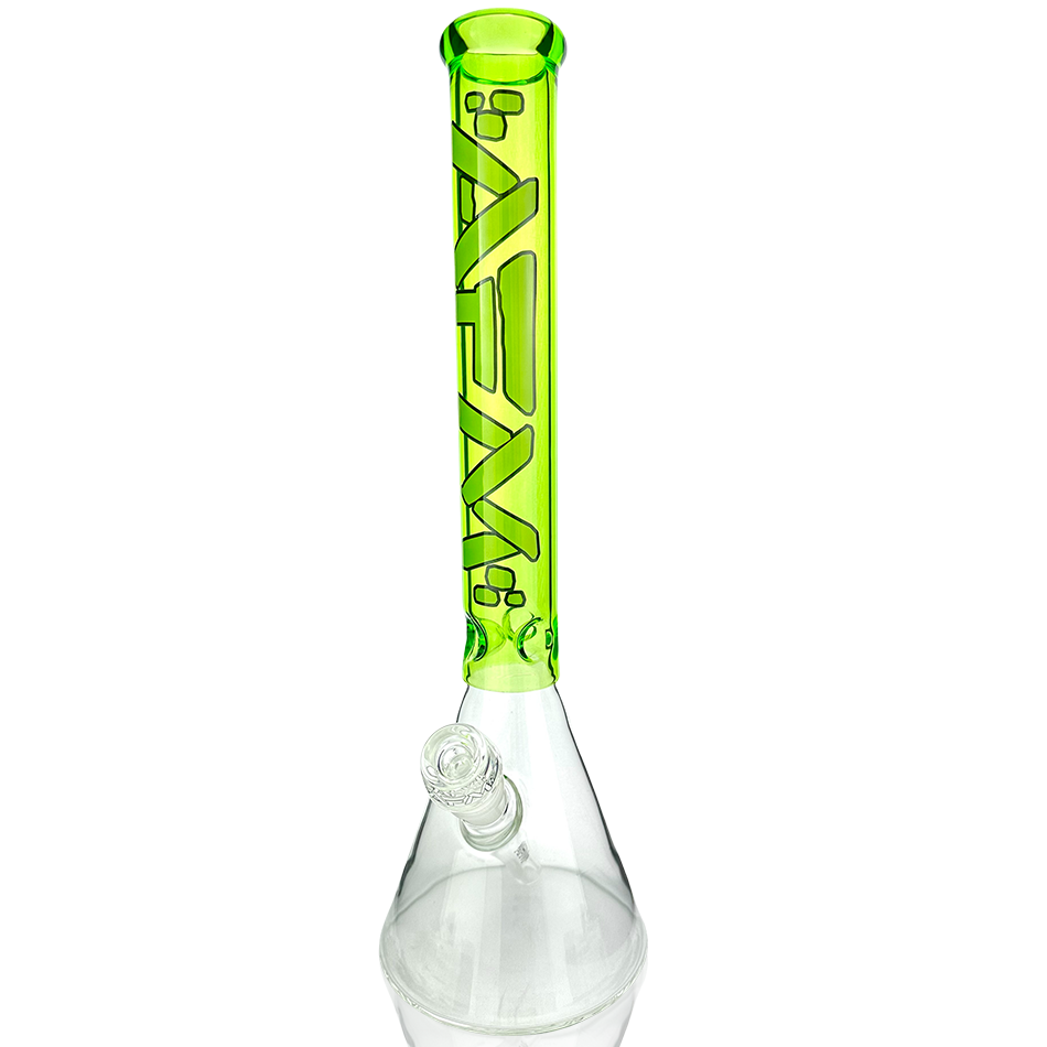 Front view of the 16" Extraterrestrial Color Sleeve Glass Beaker Bong, displaying a colorful sleeve design on clear glass. Front view of the 16" Extraterrestrial Color Sleeve Glass Beaker Bong, displaying a colorful sleeve design on clear glass.