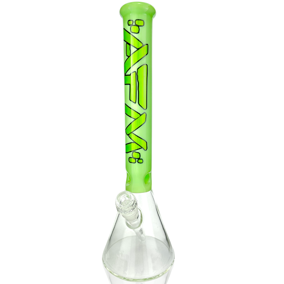 Front view of the 16" Extraterrestrial Color Sleeve Glass Beaker Bong, featuring a vibrant green sleeve design on clear glass. Front view of the 16" Extraterrestrial Color Sleeve Glass Beaker Bong, featuring a vibrant green sleeve design on clear glass.