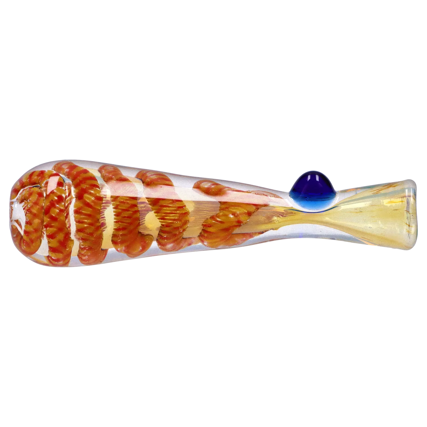 A side view of the 3-inch Dankstop Piped and Fumed One Hitter, showing the fumed glass design against a plain white background. A side view of the 3-inch Dankstop Piped and Fumed One Hitter, showing the fumed glass design against a plain white background.