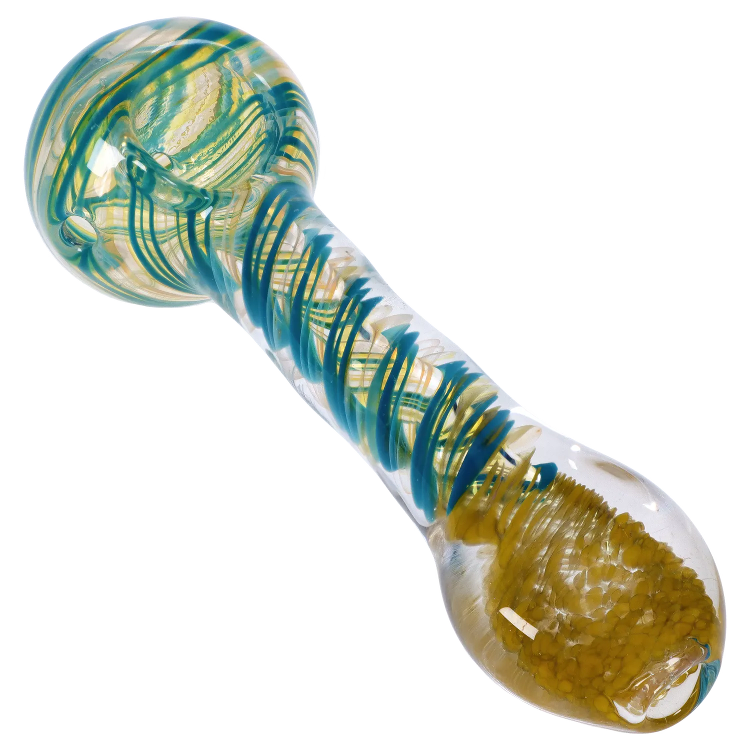 A side view of the Dankstop Color Twisting Spoon Pipe, featuring a twisting pattern in its clear glass construction. A side view of the Dankstop Color Twisting Spoon Pipe, featuring a twisting pattern in its clear glass construction.