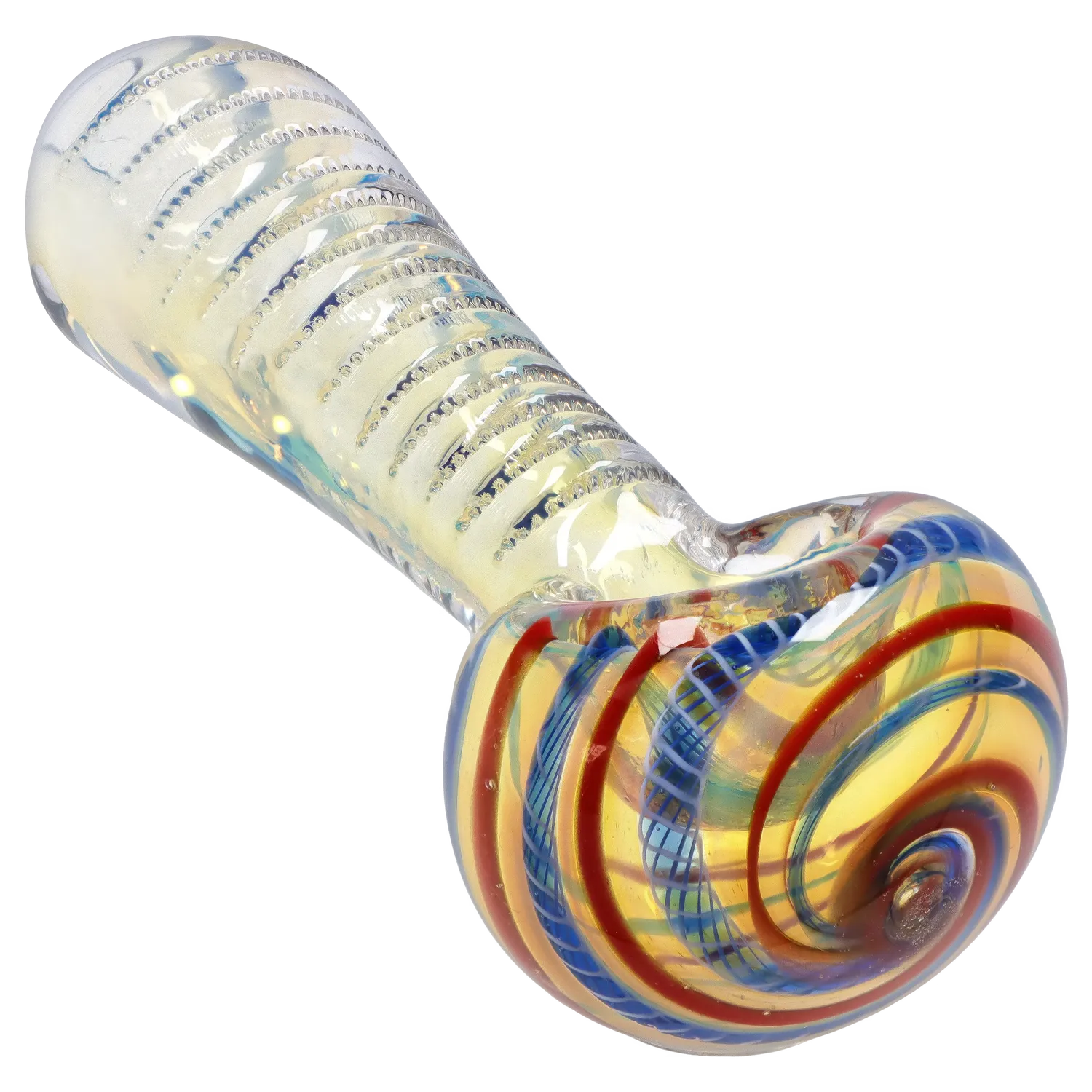 A side view of the Dankstop Engraved Fumed Spoon Pipe, showing the 3-inch glass pipe with a gently curved bowl and a patterned surface. A side view of the Dankstop Engraved Fumed Spoon Pipe, showing the 3-inch glass pipe with a gently curved bowl and a patterned surface.