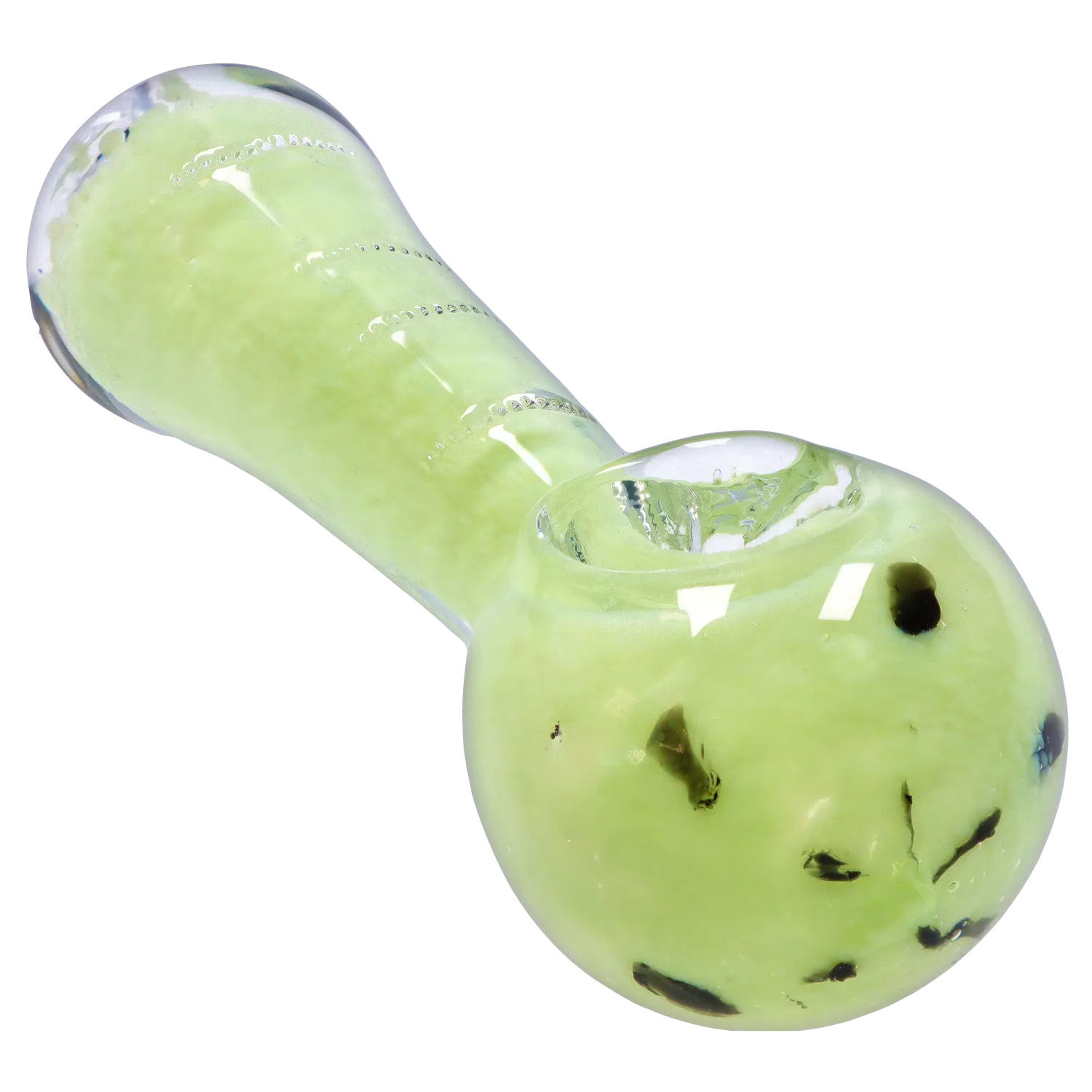A side view of the 2.5-inch Dankstop Frit Marble Rim Pastel Spoon Pipe, displaying a gently curved bowl and colorful frit accents. A side view of the 2.5-inch Dankstop Frit Marble Rim Pastel Spoon Pipe, displaying a gently curved bowl and colorful frit accents.