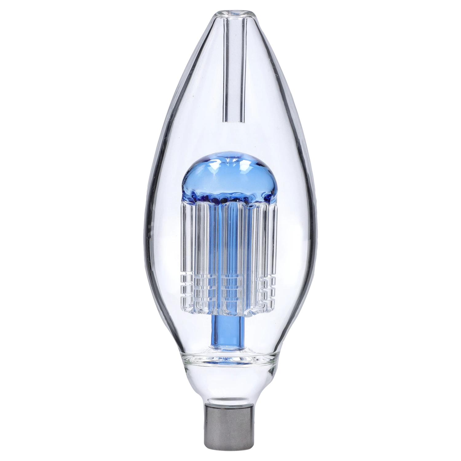 A front view of the Dankstop Egg with Tree Perc Nectar Collector, displaying its clear glass construction and unique perc design. A front view of the Dankstop Egg with Tree Perc Nectar Collector, displaying its clear glass construction and unique perc design.