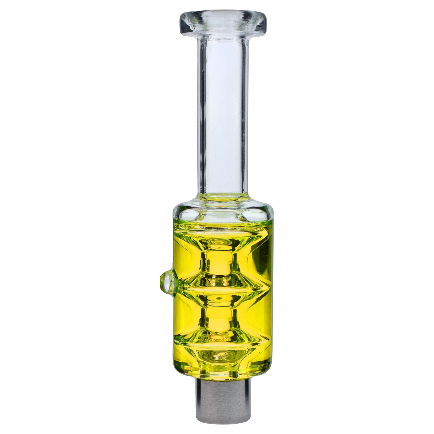 Front view of the Dankstop Freezable Glycerin Nectar Collector with a clear glass body and visible glycerin fill. Front view of the Dankstop Freezable Glycerin Nectar Collector with a clear glass body and visible glycerin fill.