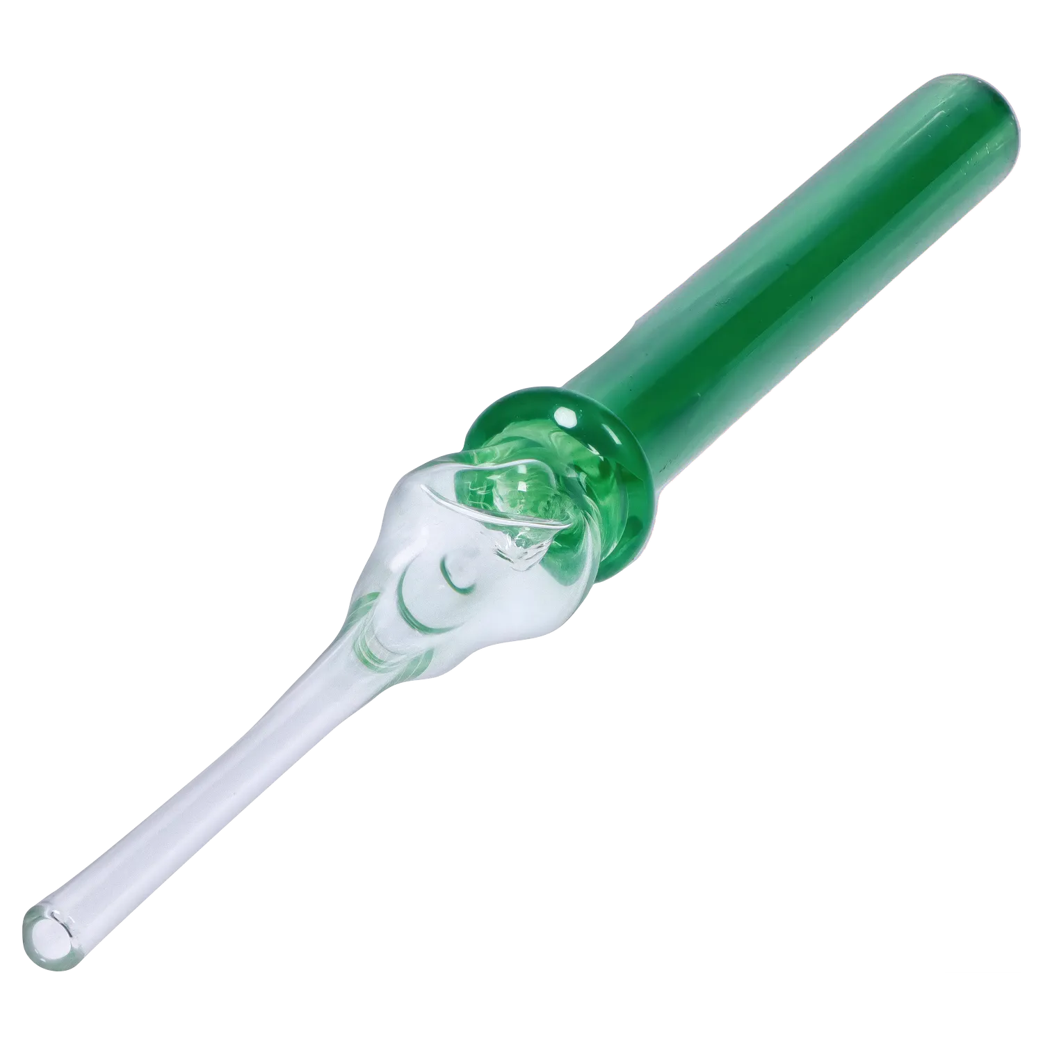 A close-up, angled view of the Dankstop Glass Straw, showcasing its clear glass construction and simple cylindrical shape. A close-up, angled view of the Dankstop Glass Straw, showcasing its clear glass construction and simple cylindrical shape.