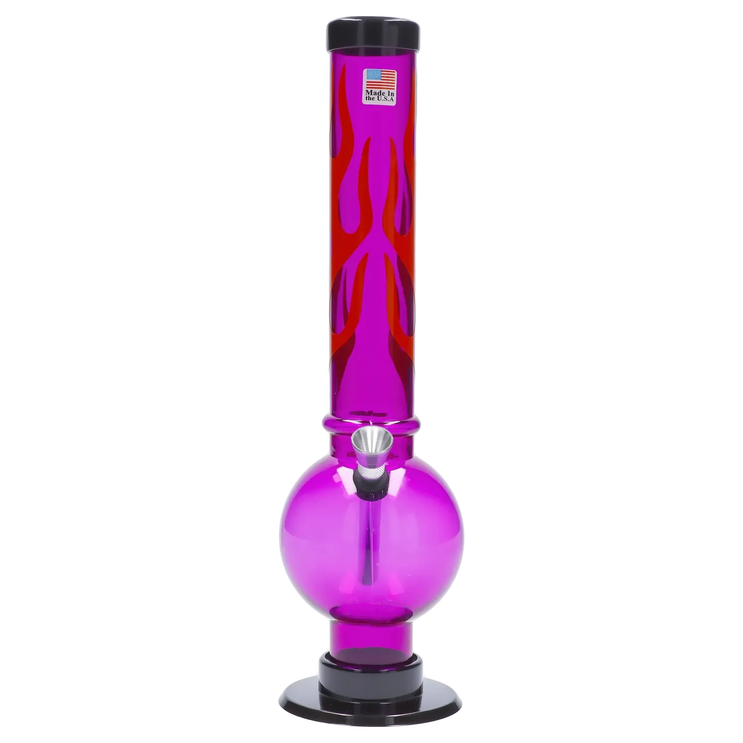 A front view of the 12-inch JM Plastics Flame Bubble Base Acrylic Water Pipe, showcasing its vibrant, flame-patterned design. A front view of the 12-inch JM Plastics Flame Bubble Base Acrylic Water Pipe, showcasing its vibrant, flame-patterned design.