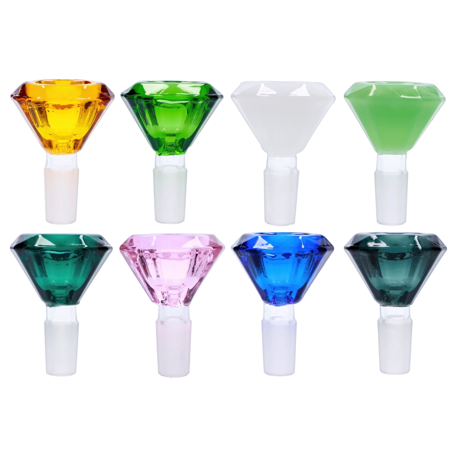 A front view of the 14mm Glass Dazzling Diamond Herb Bowl, showcasing its jewel-like shape and clear glass construction. A front view of the 14mm Glass Dazzling Diamond Herb Bowl, showcasing its jewel-like shape and clear glass construction.