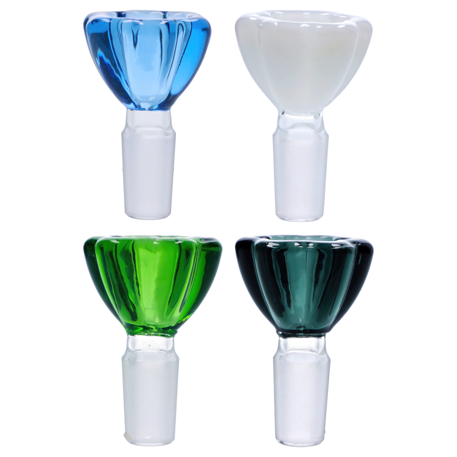 A close-up, angled view of the 14mm Glass Flower Herb Bowl, showcasing its clear glass construction and floral shape. A close-up, angled view of the 14mm Glass Flower Herb Bowl, showcasing its clear glass construction and floral shape.