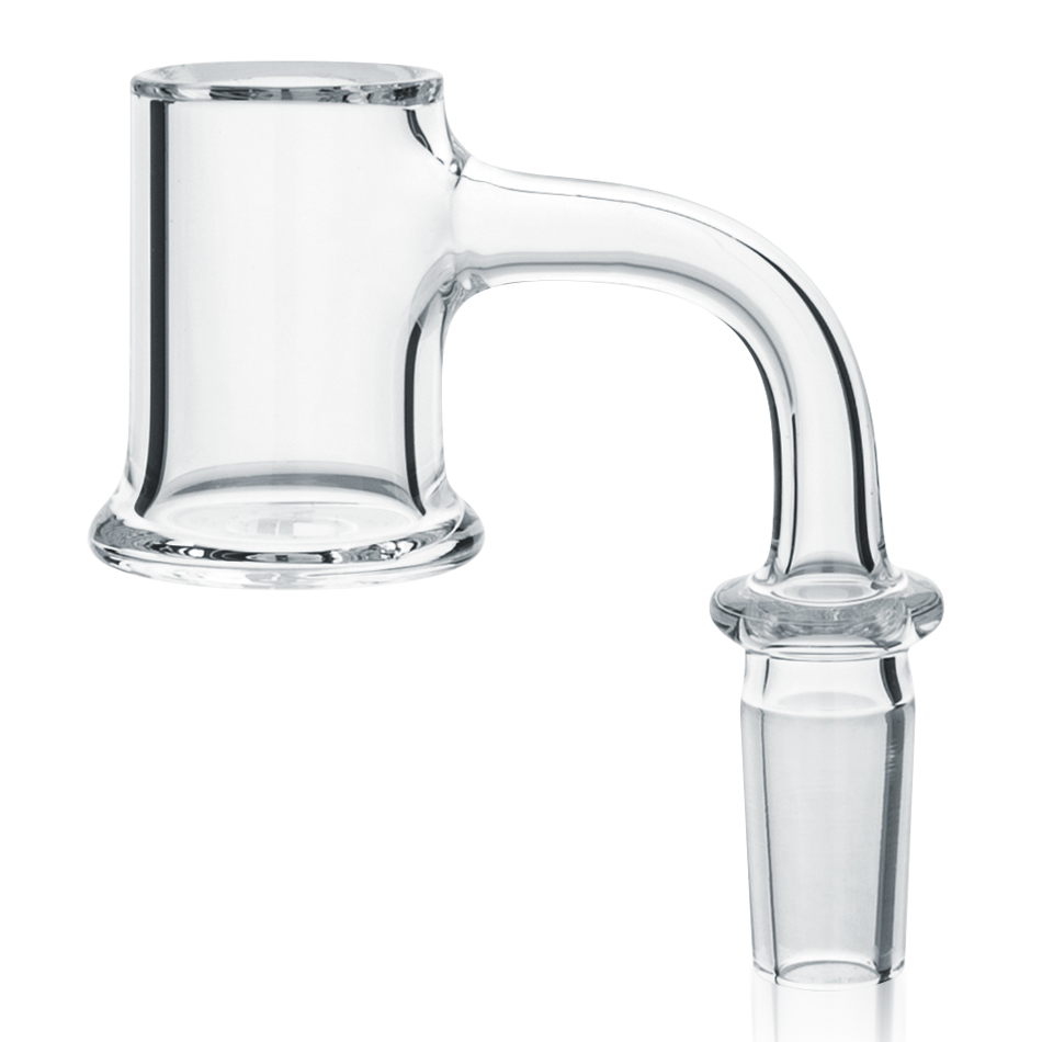 A close-up, angled view of the Full Weld Bell Bottom 3mm x 25mm Quartz Banger, showcasing its clear quartz construction and bell-shaped bottom. A close-up, angled view of the Full Weld Bell Bottom 3mm x 25mm Quartz Banger, showcasing its clear quartz construction and bell-shaped bottom.