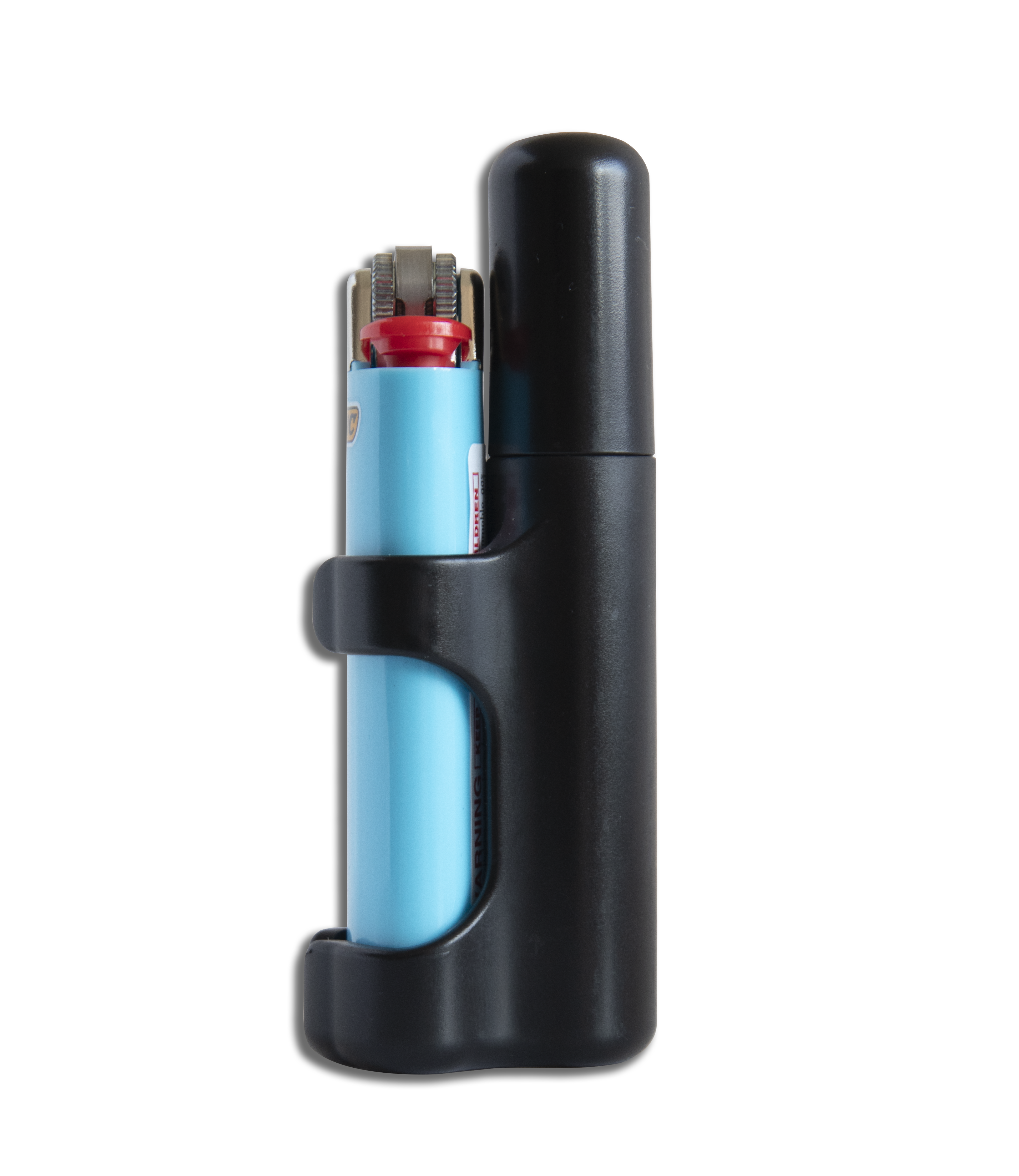 Front view of the Stage 1 Joint Case, a black, cylindrical container holding a rolled joint. Front view of the Stage 1 Joint Case, a black, cylindrical container holding a rolled joint.