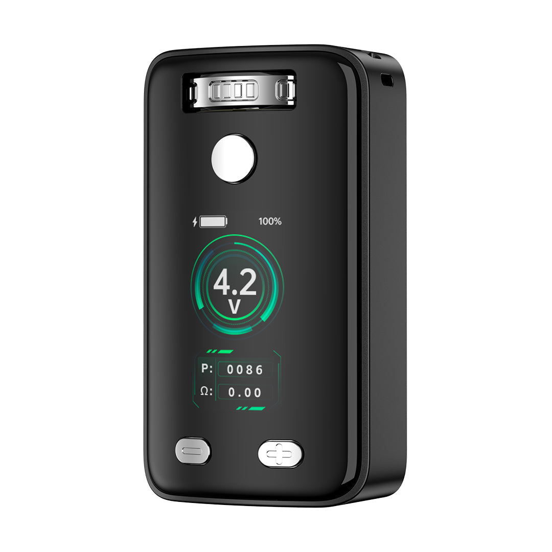 Front view of the Yocan Uni 3.0 Vaporizer displaying a digital screen with battery level and settings on a black background. Front view of the Yocan Uni 3.0 Vaporizer displaying a digital screen with battery level and settings on a black background.