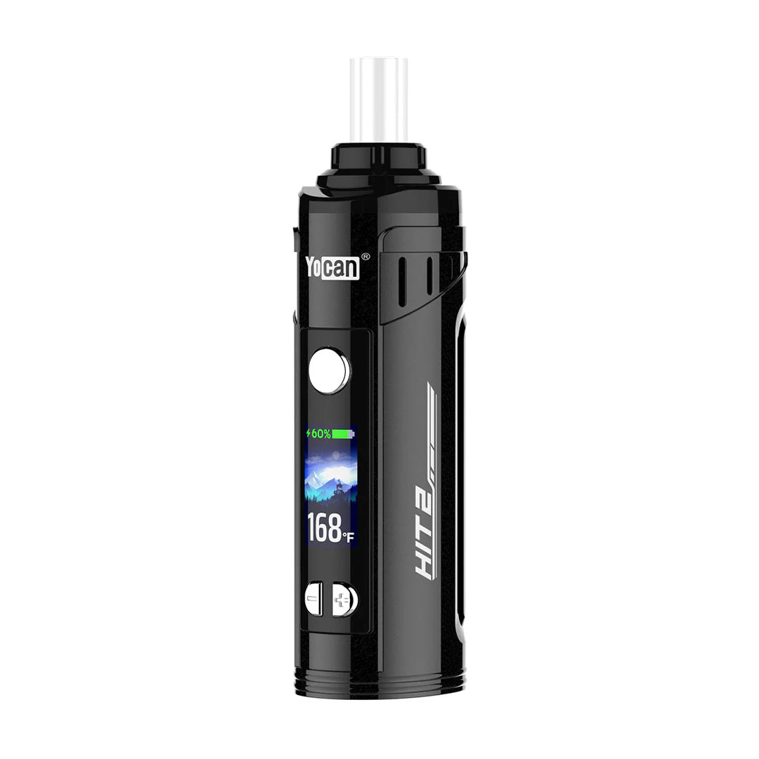 Front view of the Yocan Hit 2 Vaporizer, a sleek, black pen-style device with subtle detailing. Front view of the Yocan Hit 2 Vaporizer, a sleek, black pen-style device with subtle detailing.