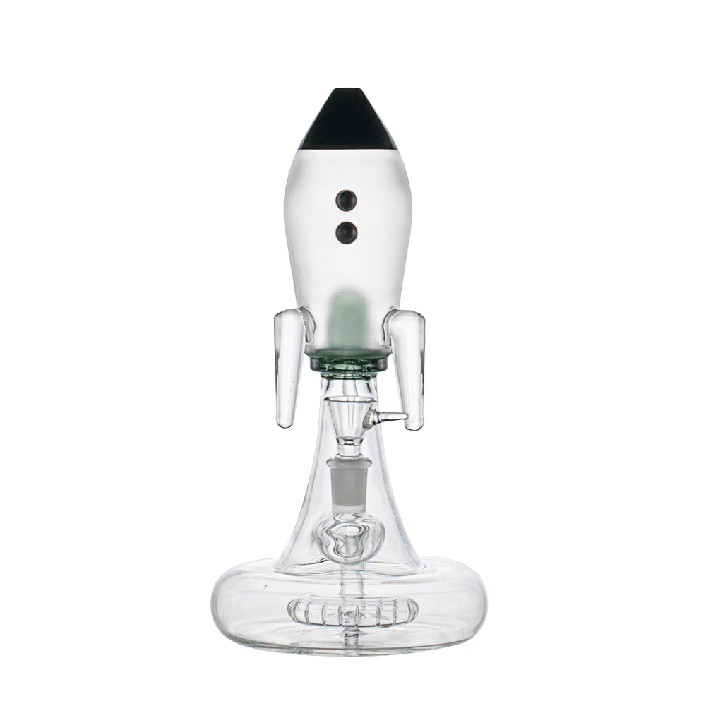 Front view of the Blast Off XL Bong, a clear glass water pipe with a unique, rocket-shaped design. Front view of the Blast Off XL Bong, a clear glass water pipe with a unique, rocket-shaped design.