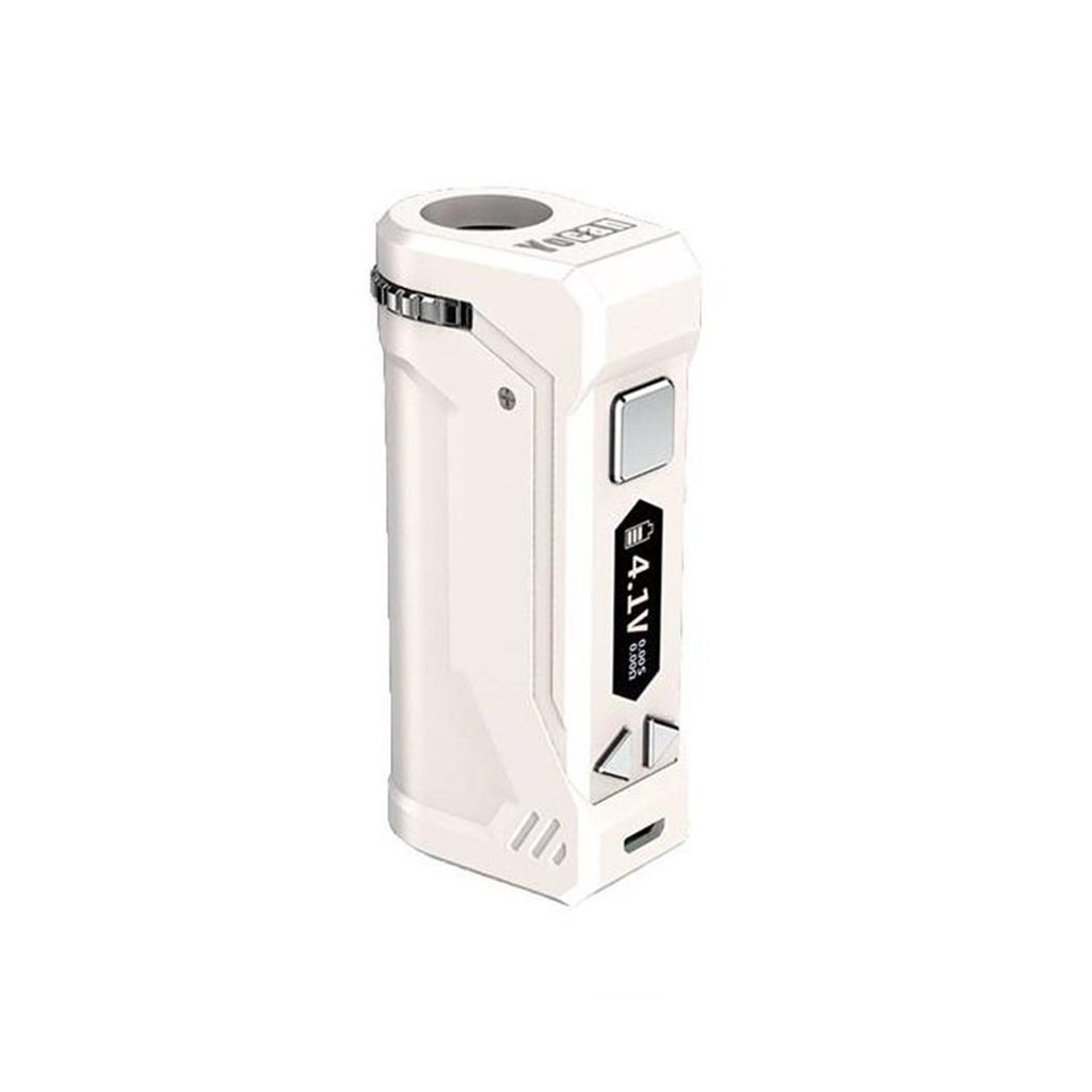Front view of the Yocan UNI Pro, a silver-colored device with a minimalist design and a sleek, rectangular shape. Front view of the Yocan UNI Pro, a silver-colored device with a minimalist design and a sleek, rectangular shape.