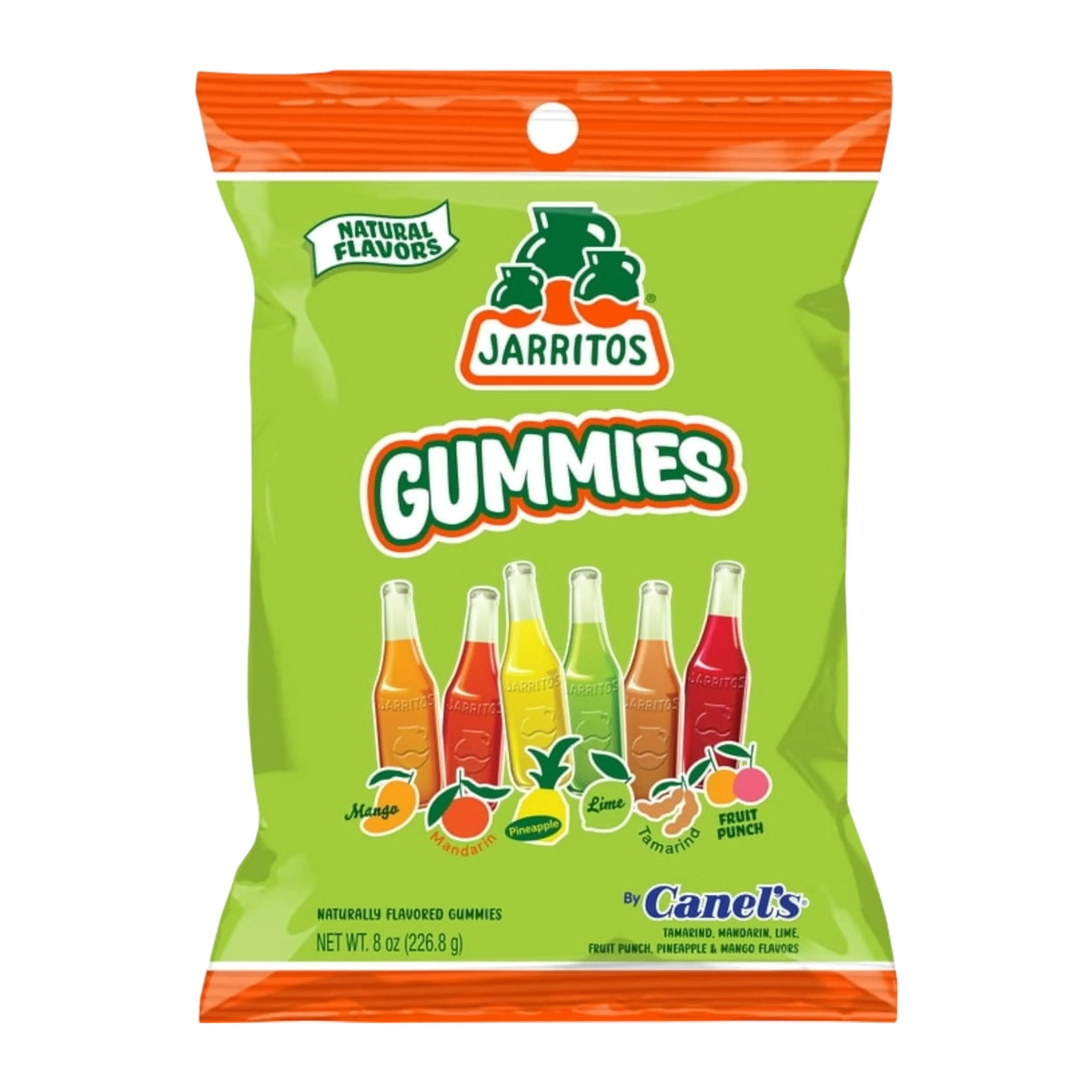 A colorful package of Jarritos Bottle Gummies displays a front view of the candy shaped like miniature glass bottles. A colorful package of Jarritos Bottle Gummies displays a front view of the candy shaped like miniature glass bottles.