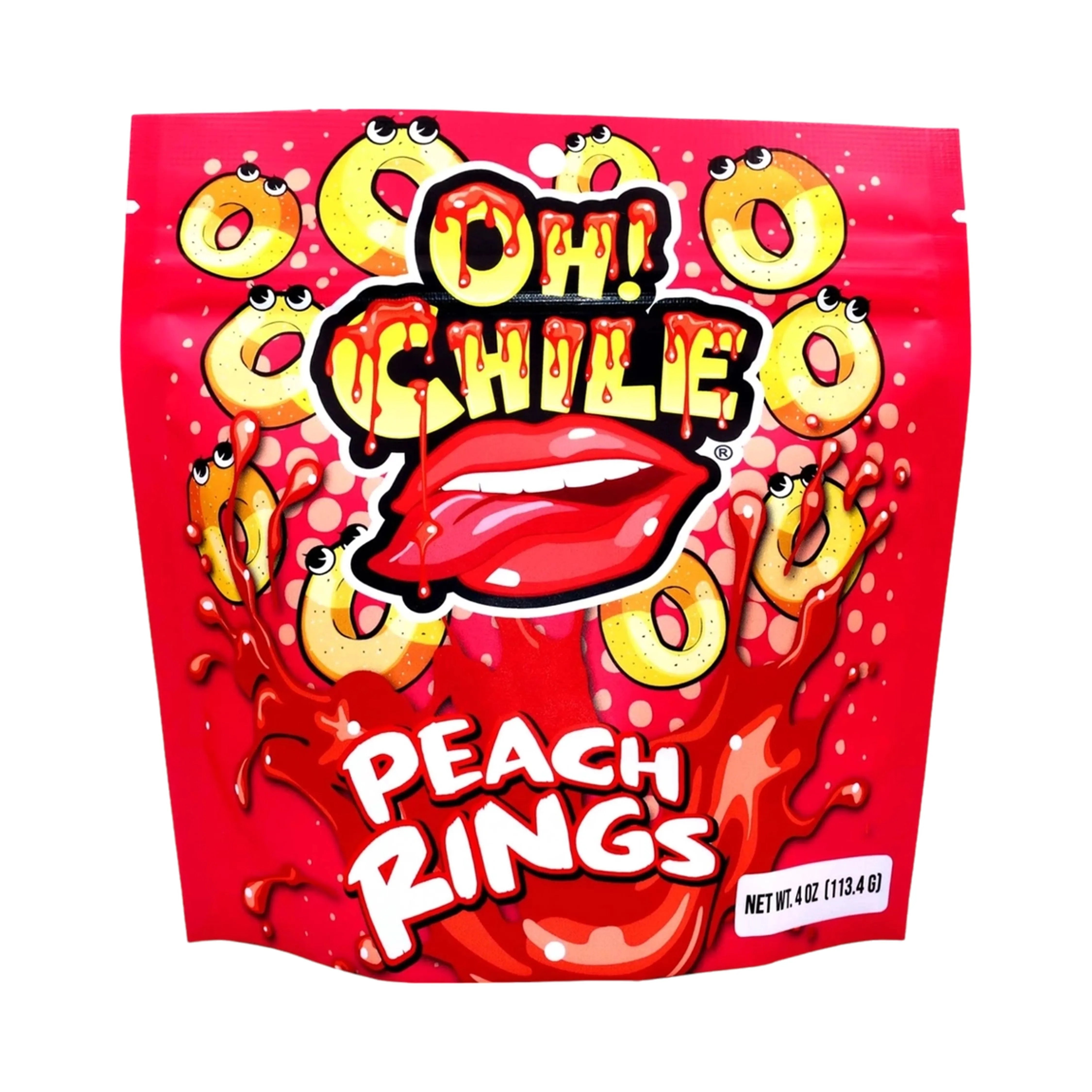 Front view of the Oh! Chile Peach Rings bag, showcasing bright colors and a playful design. Front view of the Oh! Chile Peach Rings bag, showcasing bright colors and a playful design.