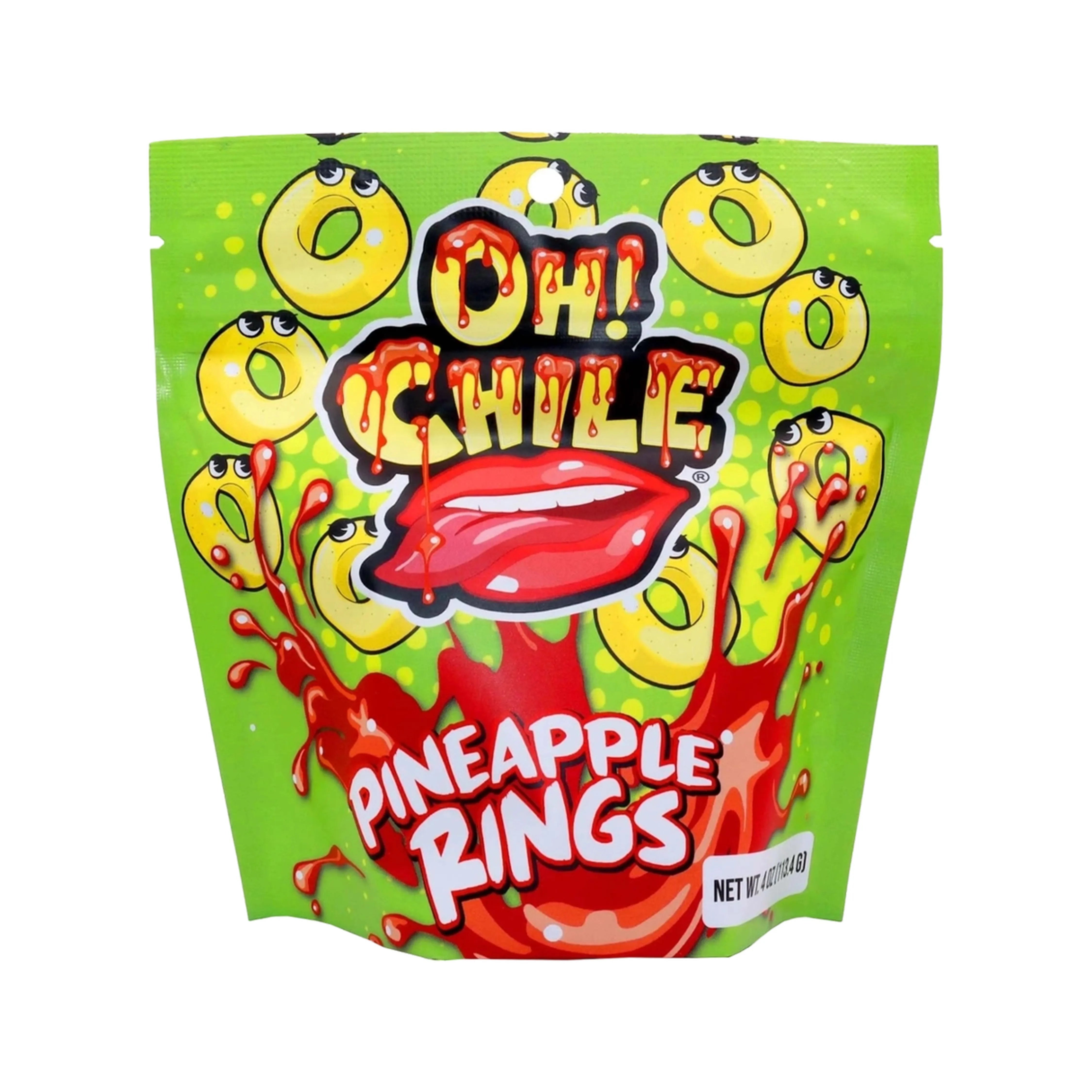 Front view of the Oh! Chile Pineapple Rings package, displaying vibrant graphics on a translucent pouch. Front view of the Oh! Chile Pineapple Rings package, displaying vibrant graphics on a translucent pouch.