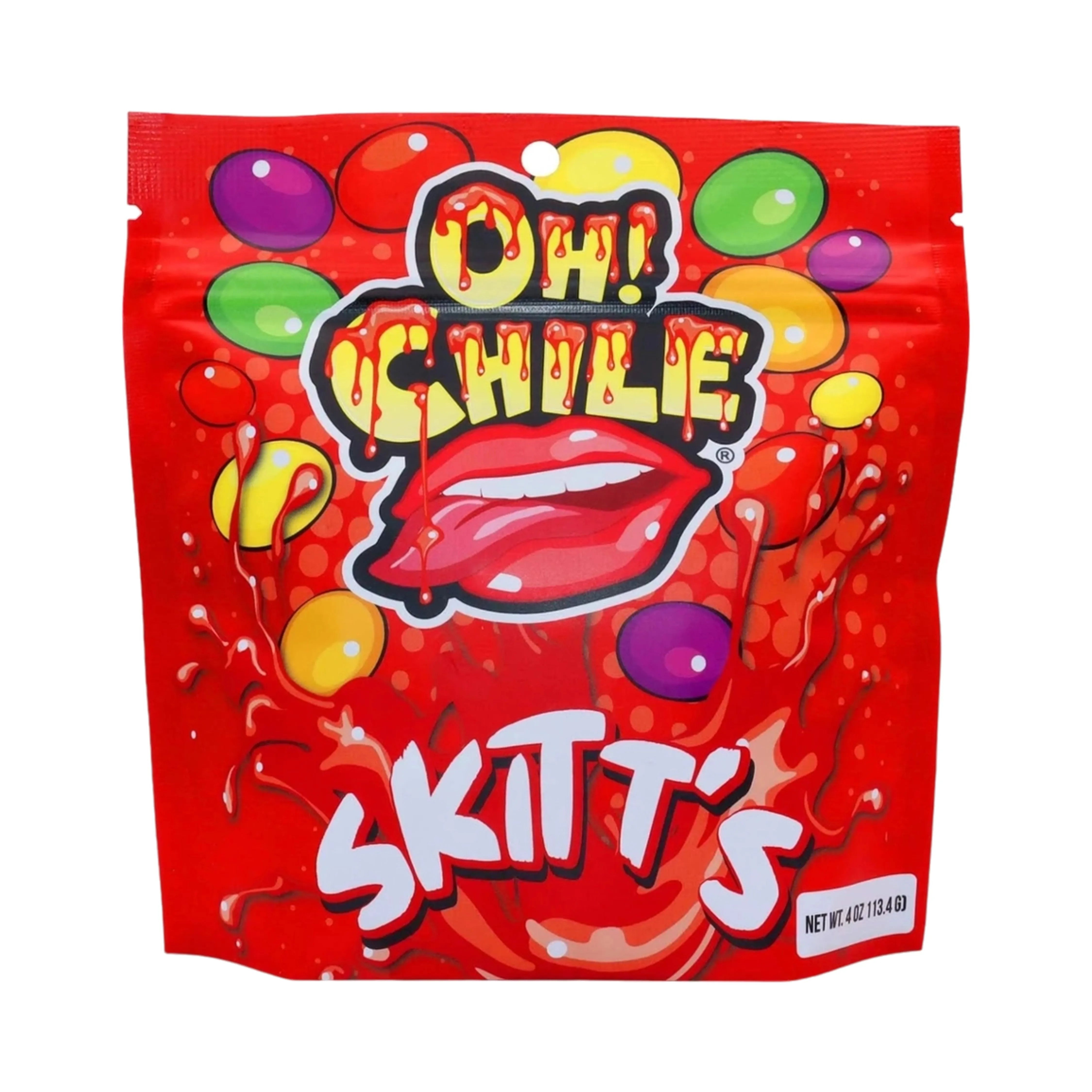 Front view of the Oh! Chile Skitt's - 4 oz. bag, featuring colorful candies scattered around the product's name. Front view of the Oh! Chile Skitt's - 4 oz. bag, featuring colorful candies scattered around the product's name.