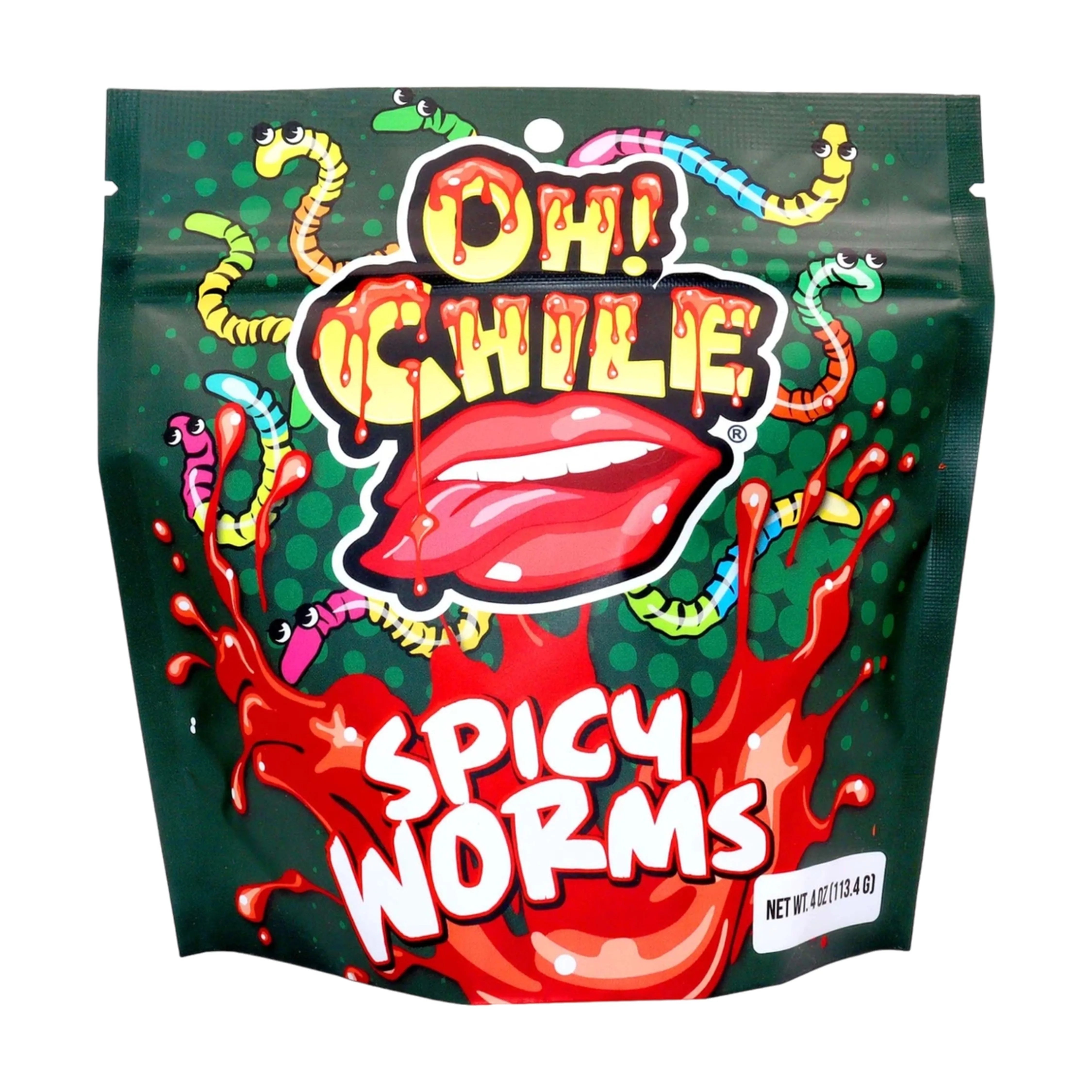 Front view of the Oh! Chile Spicy Worms packaging, a vibrant, sealed bag with colorful graphics. Front view of the Oh! Chile Spicy Worms packaging, a vibrant, sealed bag with colorful graphics.