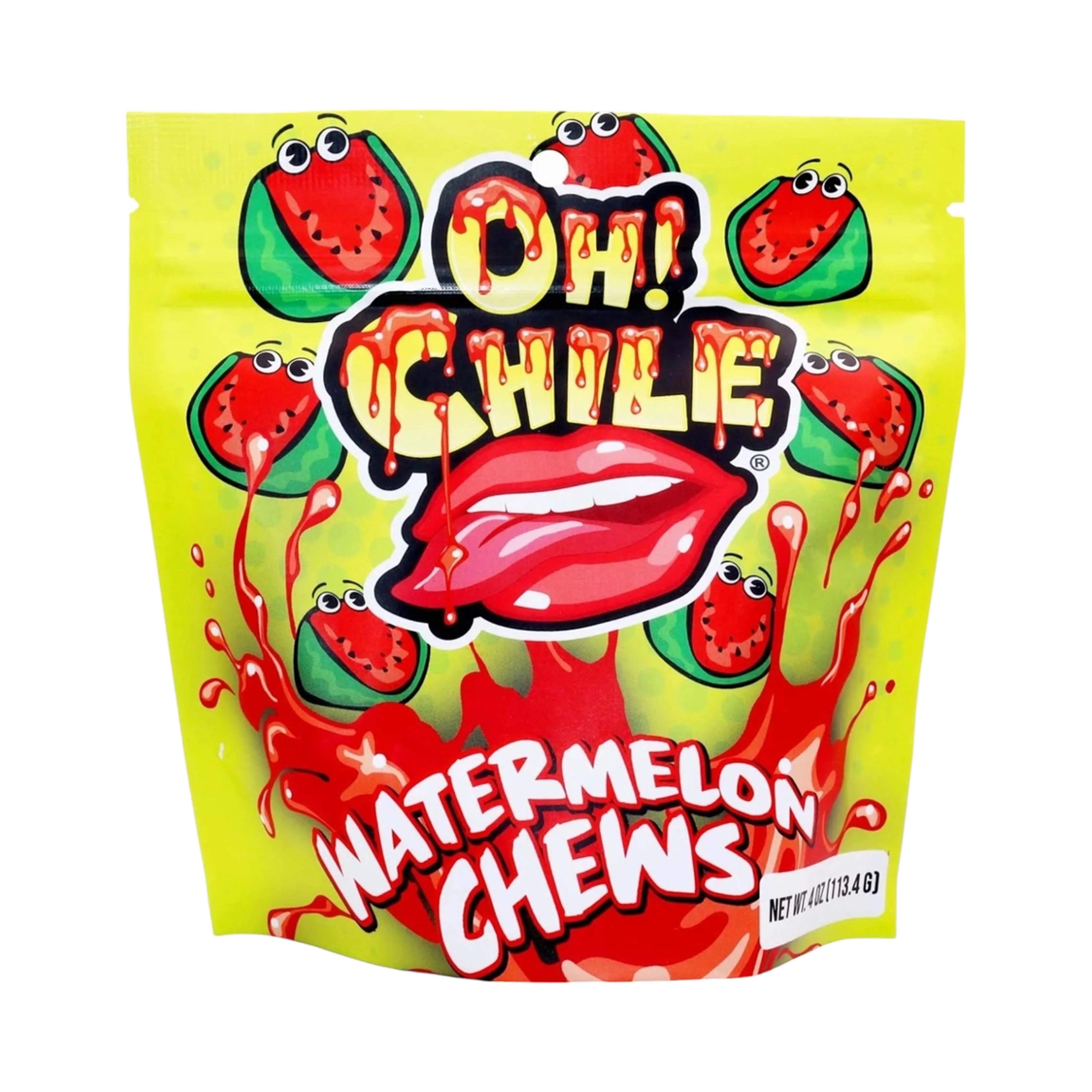 A close-up of the Oh! Chile Watermelon Chews packaging, featuring a vibrant, illustrative design on a yellow background. A close-up of the Oh! Chile Watermelon Chews packaging, featuring a vibrant, illustrative design on a yellow background.