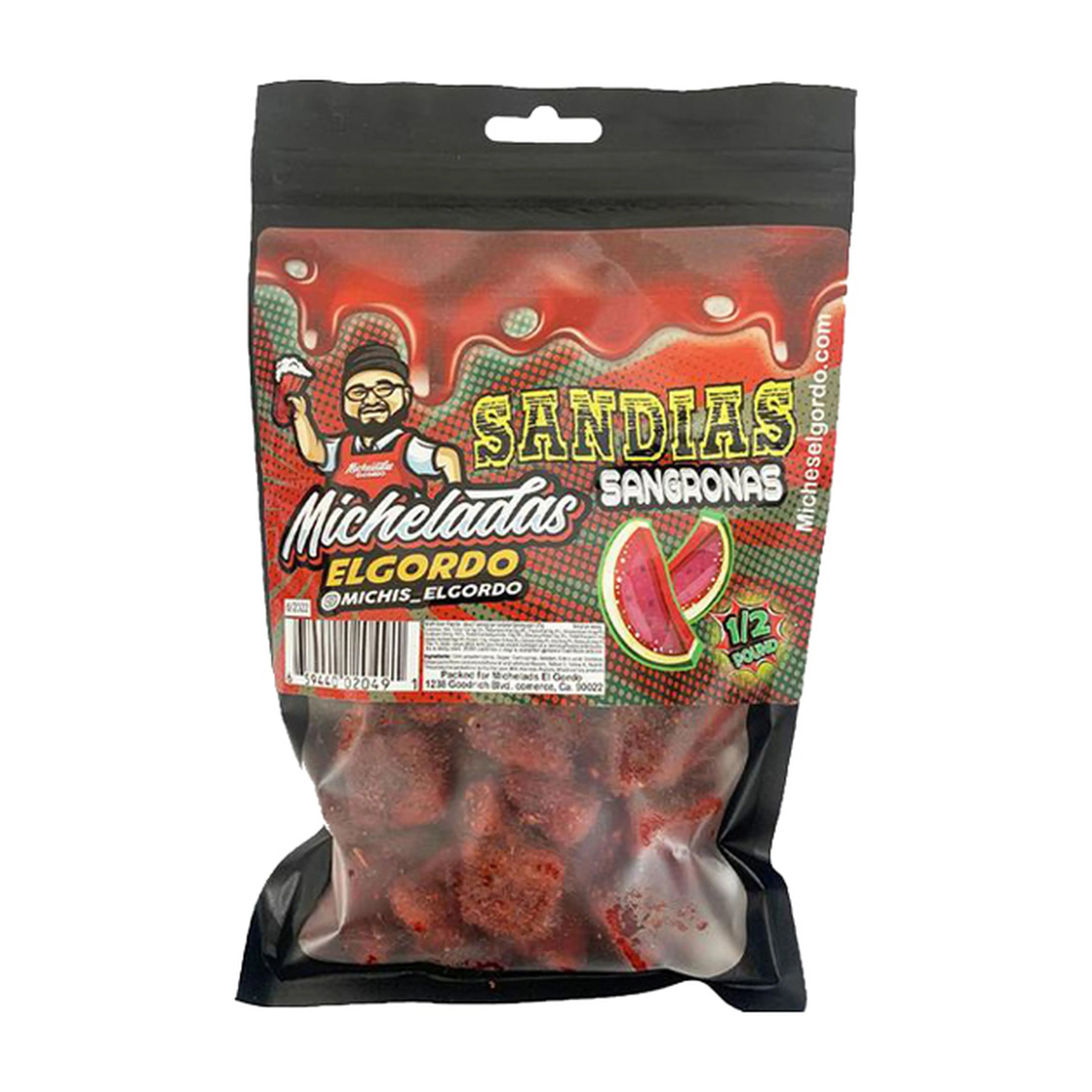 Front view of Micheladas El Gordo Sandias Sagronas packaging, featuring a vibrant red and green design with prominent text. Front view of Micheladas El Gordo Sandias Sagronas packaging, featuring a vibrant red and green design with prominent text.