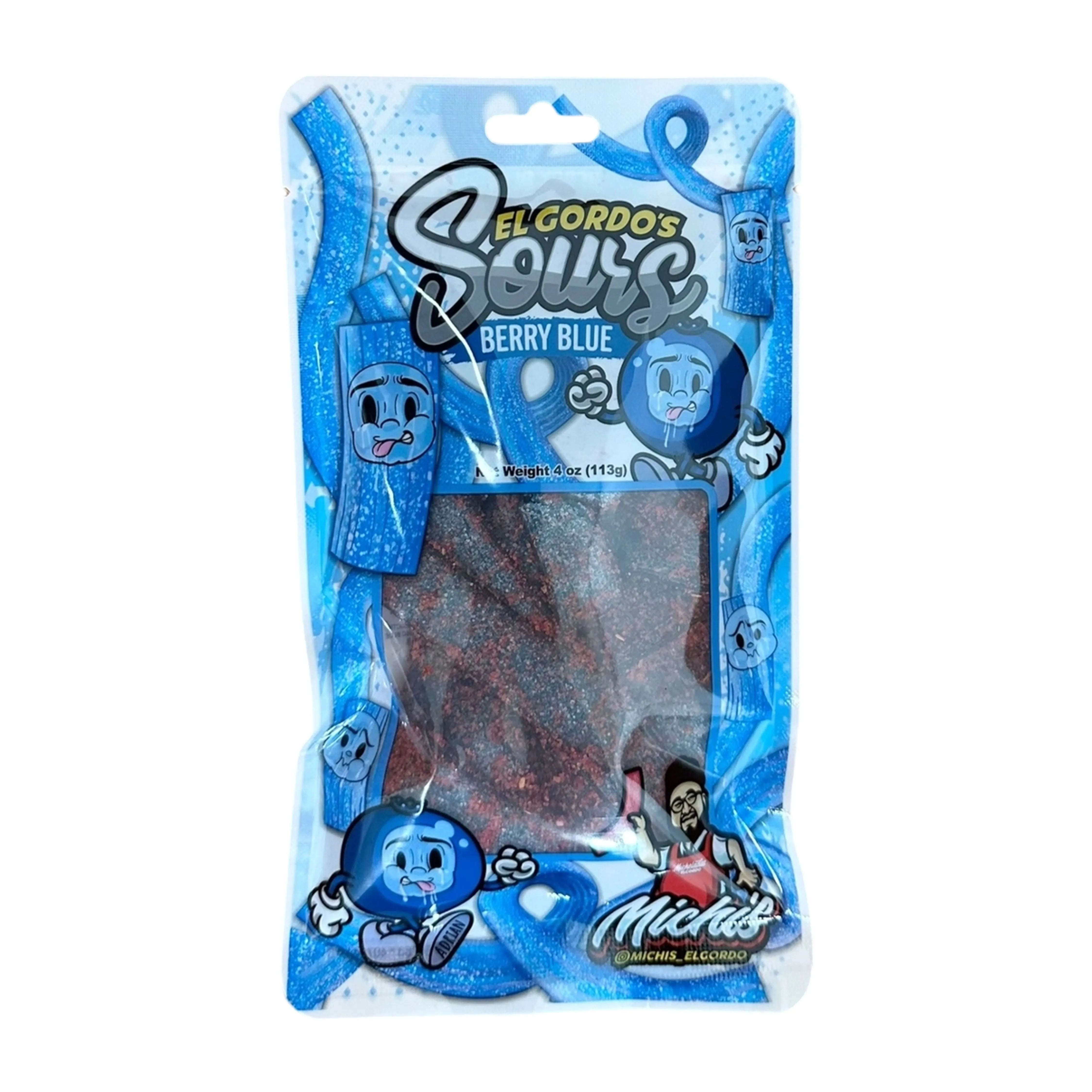 Front view of the El Gordo Berry Blue Chamoy Sours package, showcasing the colorful branding and product name in a vibrant design. Front view of the El Gordo Berry Blue Chamoy Sours package, showcasing the colorful branding and product name in a vibrant design.