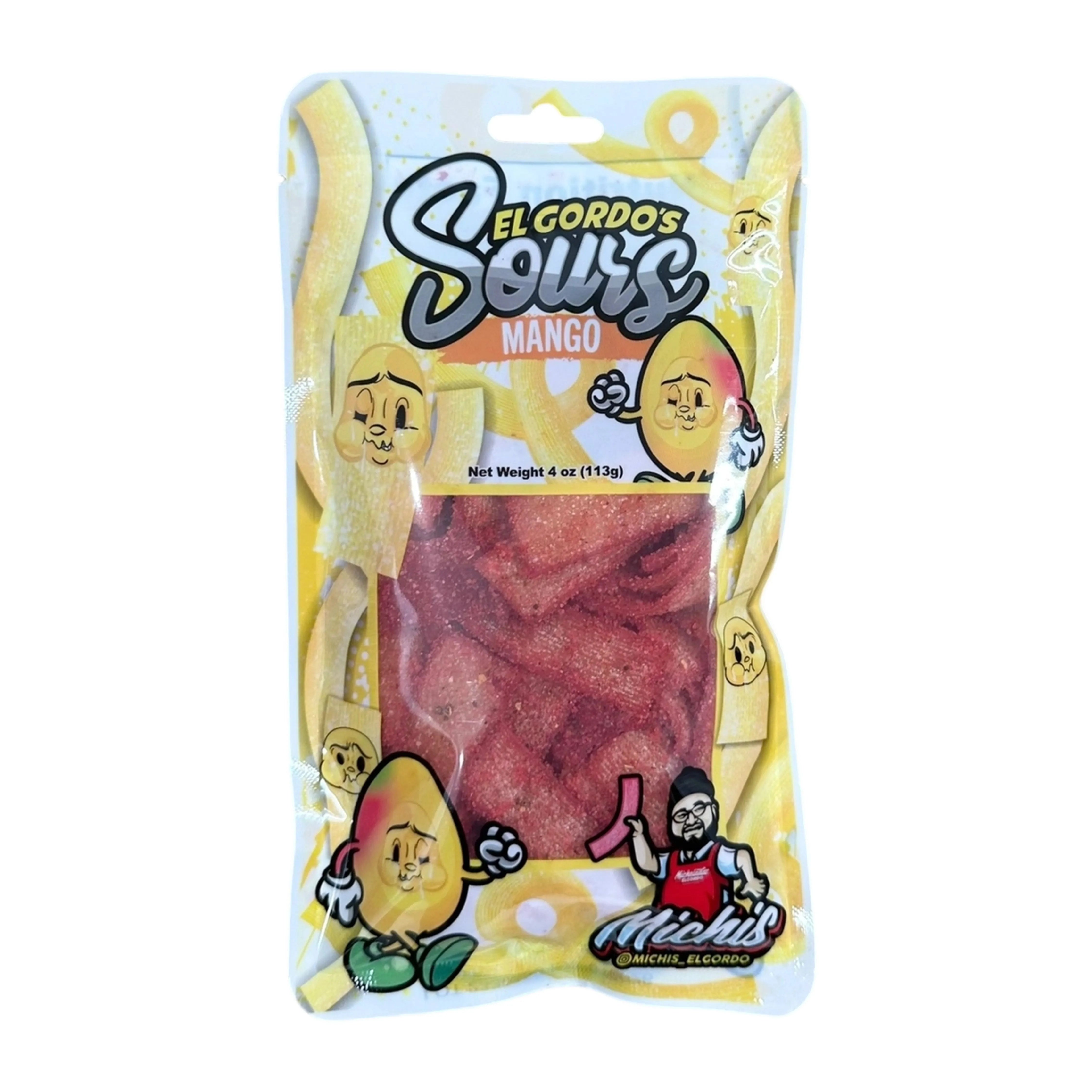 Front view of the El Gordo Mango Chamoy Sours in a clear plastic bag with bright red and yellow branding. Front view of the El Gordo Mango Chamoy Sours in a clear plastic bag with bright red and yellow branding.