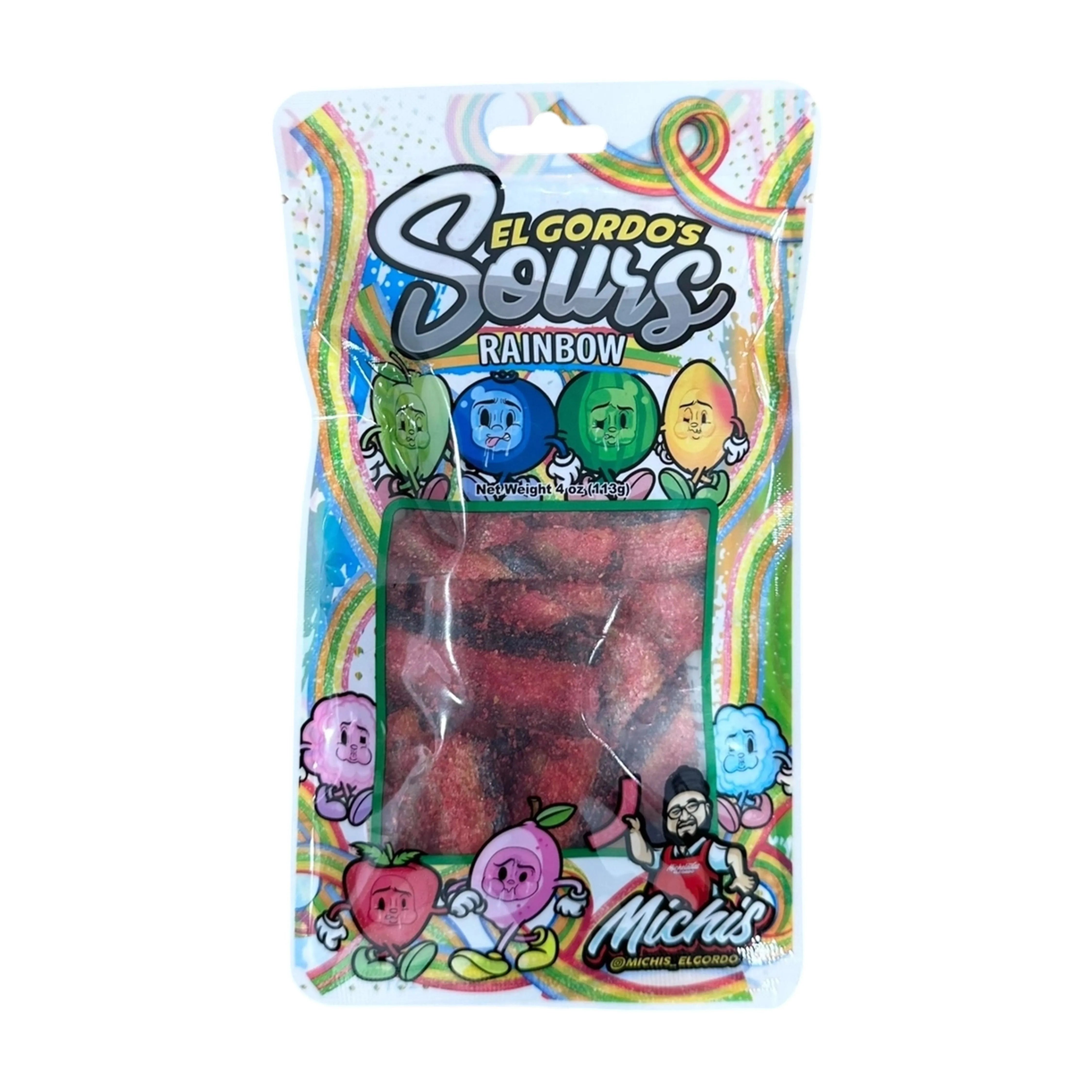 Front view of El Gordo Rainbow Chamoy Sours in a clear bag, showcasing vibrant colors and a playful design. Front view of El Gordo Rainbow Chamoy Sours in a clear bag, showcasing vibrant colors and a playful design.