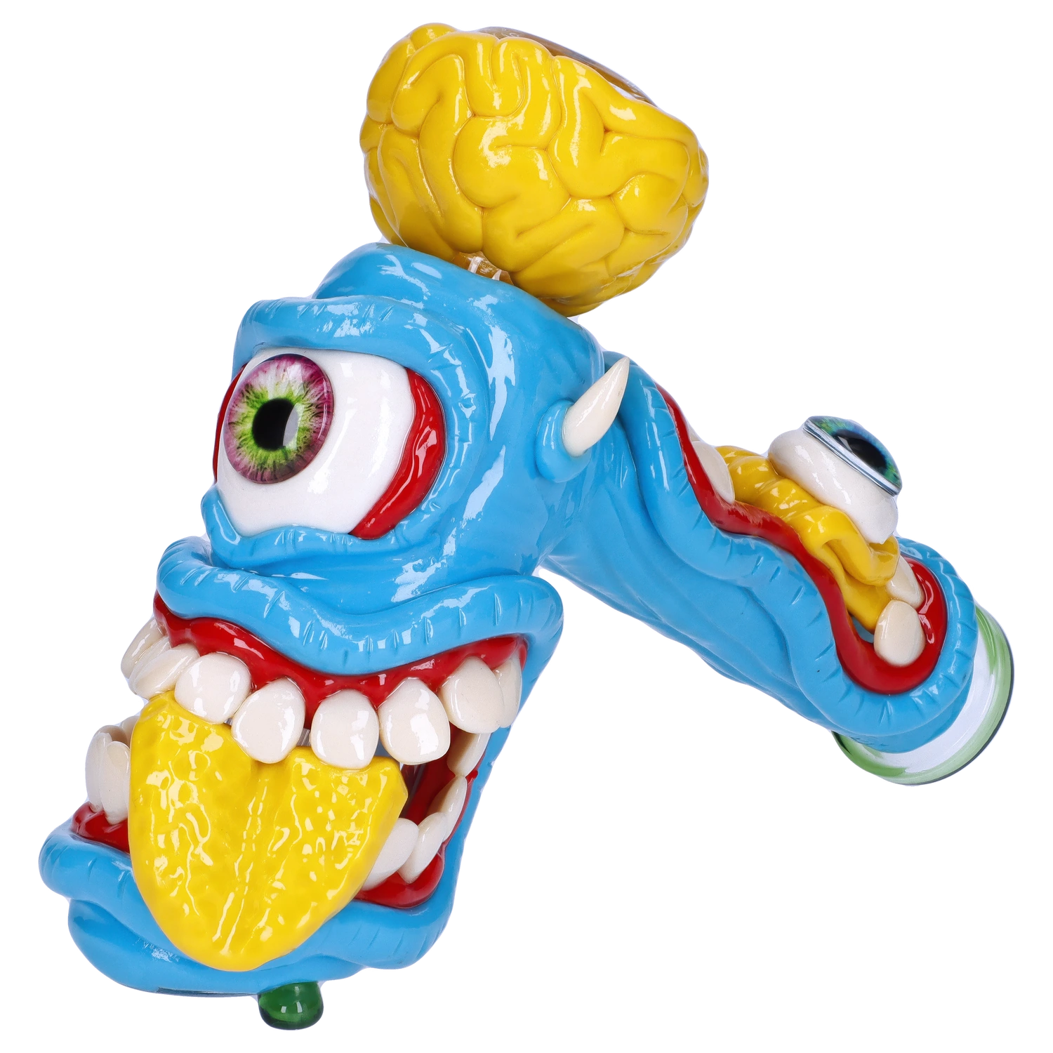 Front view of the Clay Monster Hammer Bubbler, a colorful sculpted glass piece with a whimsical, monster-like design. Front view of the Clay Monster Hammer Bubbler, a colorful sculpted glass piece with a whimsical, monster-like design.