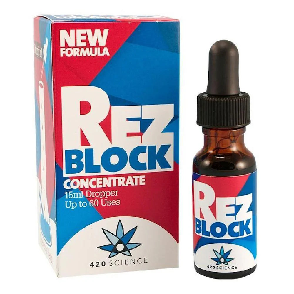 A close-up, angled view of the RezBlock Resin Preventer bottle with bold text on a vibrant blue and white label. A close-up, angled view of the RezBlock Resin Preventer bottle with bold text on a vibrant blue and white label.
