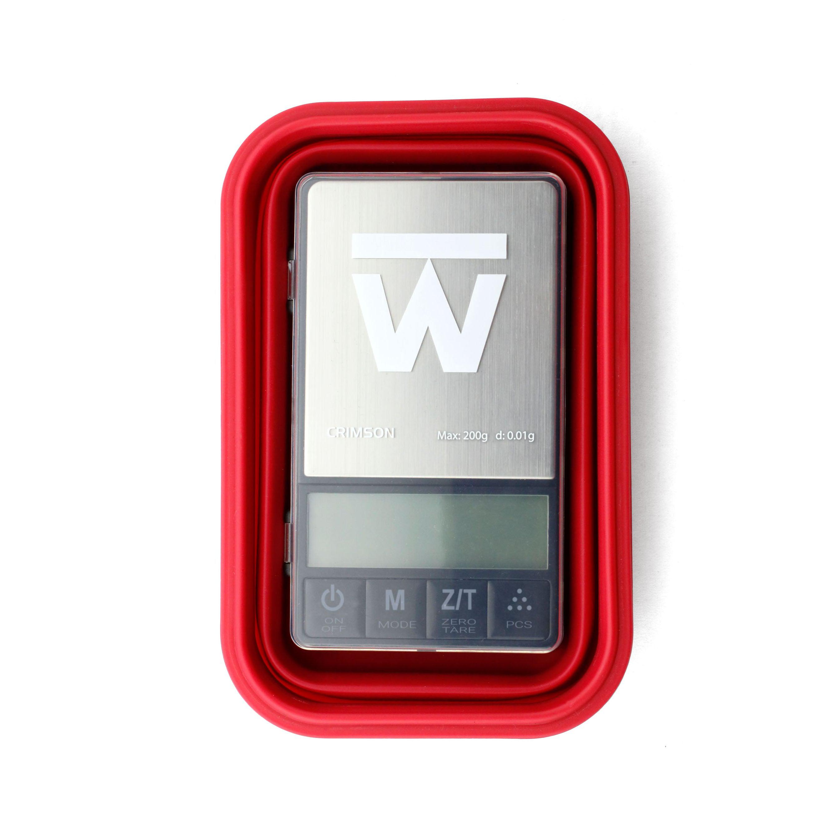 Front view of the Crimson Collapsible Bowl Scale - 200g x 0.1g, displaying a digital readout on a red, compact device. Front view of the Crimson Collapsible Bowl Scale - 200g x 0.1g, displaying a digital readout on a red, compact device.