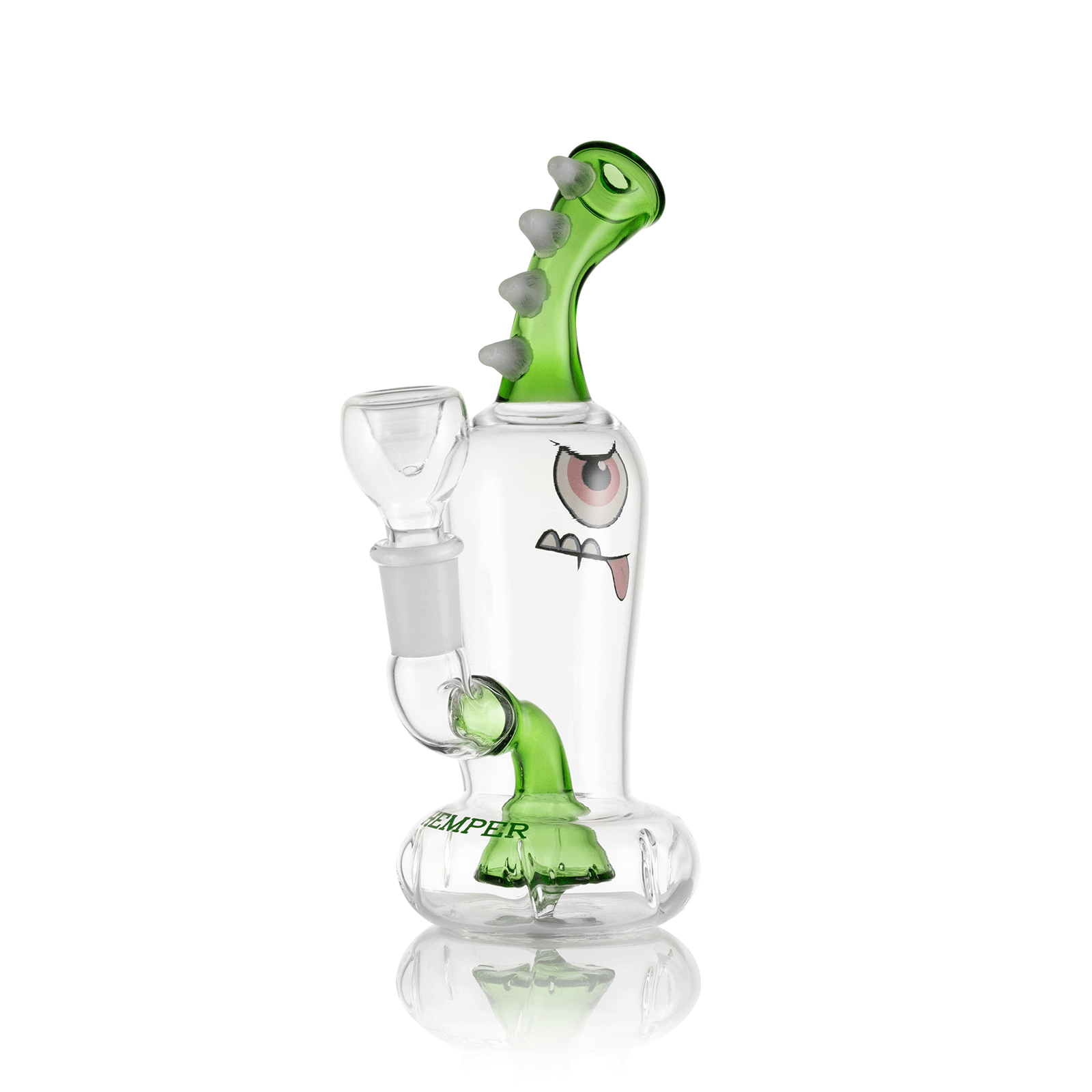 A studio shot displays the Candy Monster Bong, a green glass water pipe with a playful, monster-like design reflected on a glossy surface. A studio shot displays the Candy Monster Bong, a green glass water pipe with a playful, monster-like design reflected on a glossy surface.