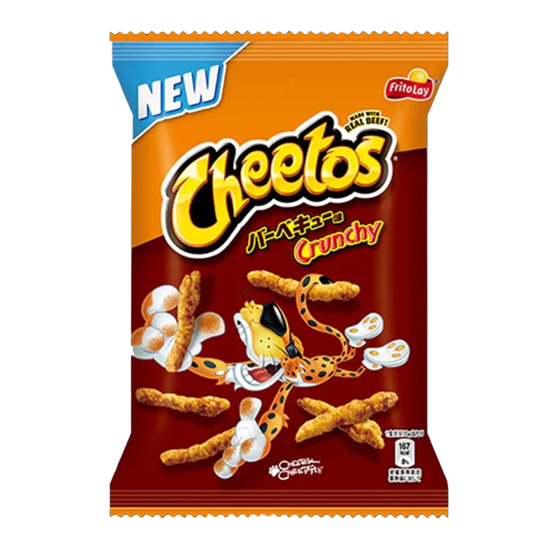 Front view of Cheetos - BBQ Snacks, showcasing the orange, puffed snack pieces with a “NEW” banner. Front view of Cheetos - BBQ Snacks, showcasing the orange, puffed snack pieces with a “NEW” banner.