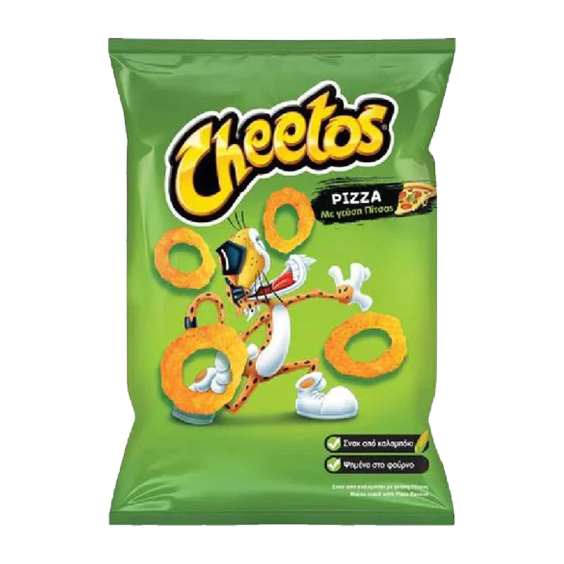 Front view of Cheetos - Pizza Rings packaging featuring a cartoon cheetah mascot with vibrant colors and dynamic pose. Front view of Cheetos - Pizza Rings packaging featuring a cartoon cheetah mascot with vibrant colors and dynamic pose.