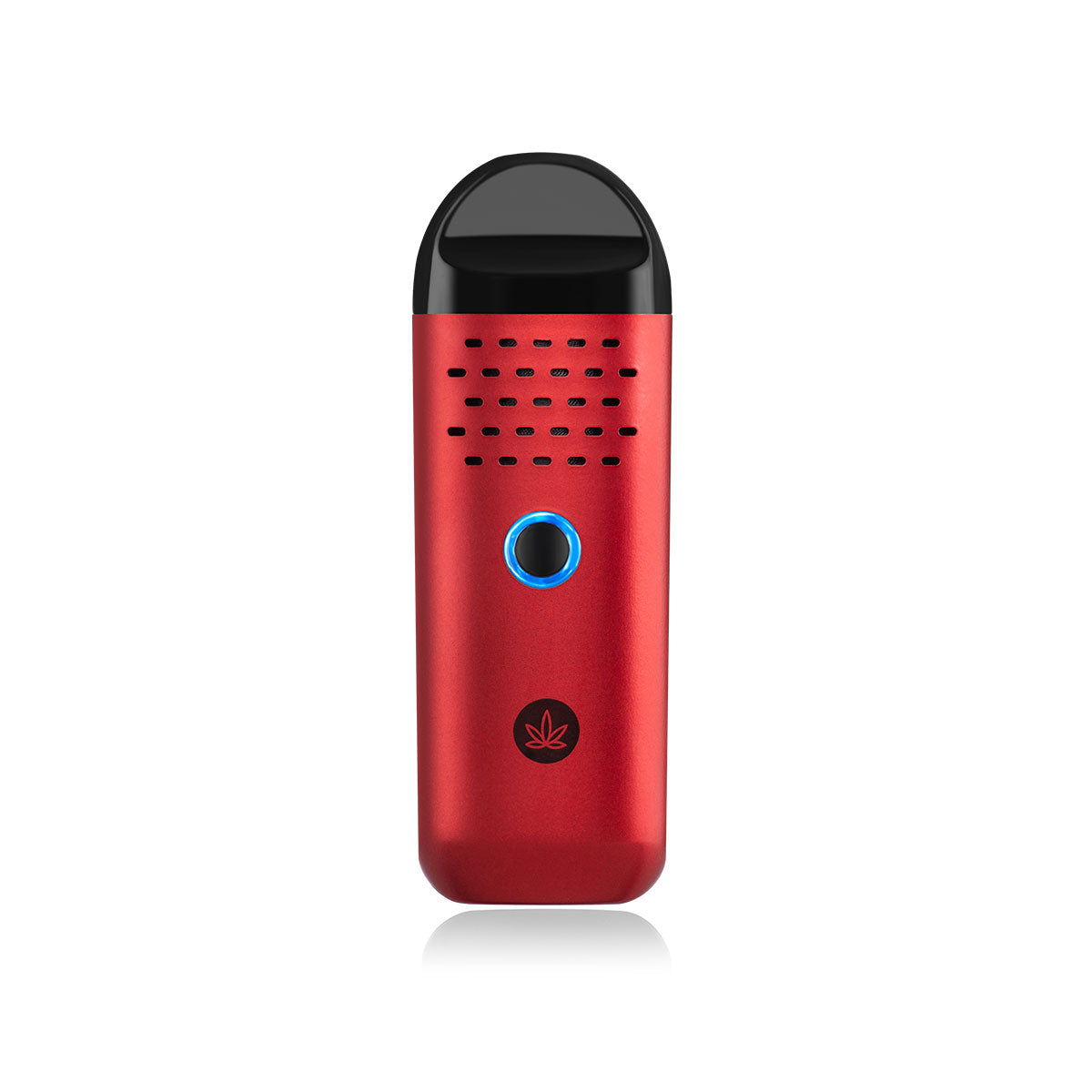Front view of the Herby Dry Herb Vaporizer, a red, handheld device with a reflective surface and a blue indicator light. Front view of the Herby Dry Herb Vaporizer, a red, handheld device with a reflective surface and a blue indicator light.