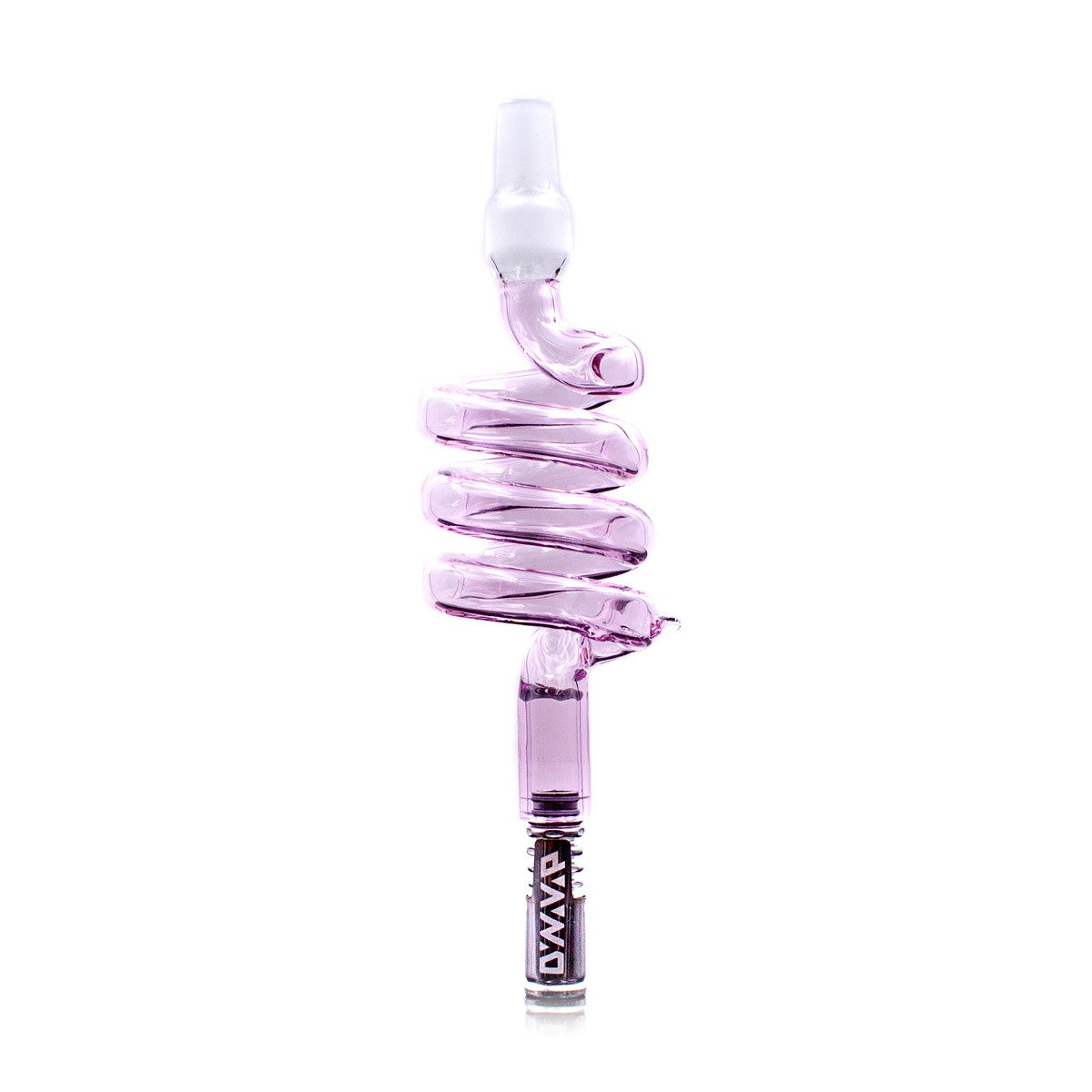A close-up, angled view of the DynaVap Glass Coil Cooling Stem, showcasing its coiled glass design against a plain white backdrop. A close-up, angled view of the DynaVap Glass Coil Cooling Stem, showcasing its coiled glass design against a plain white backdrop.