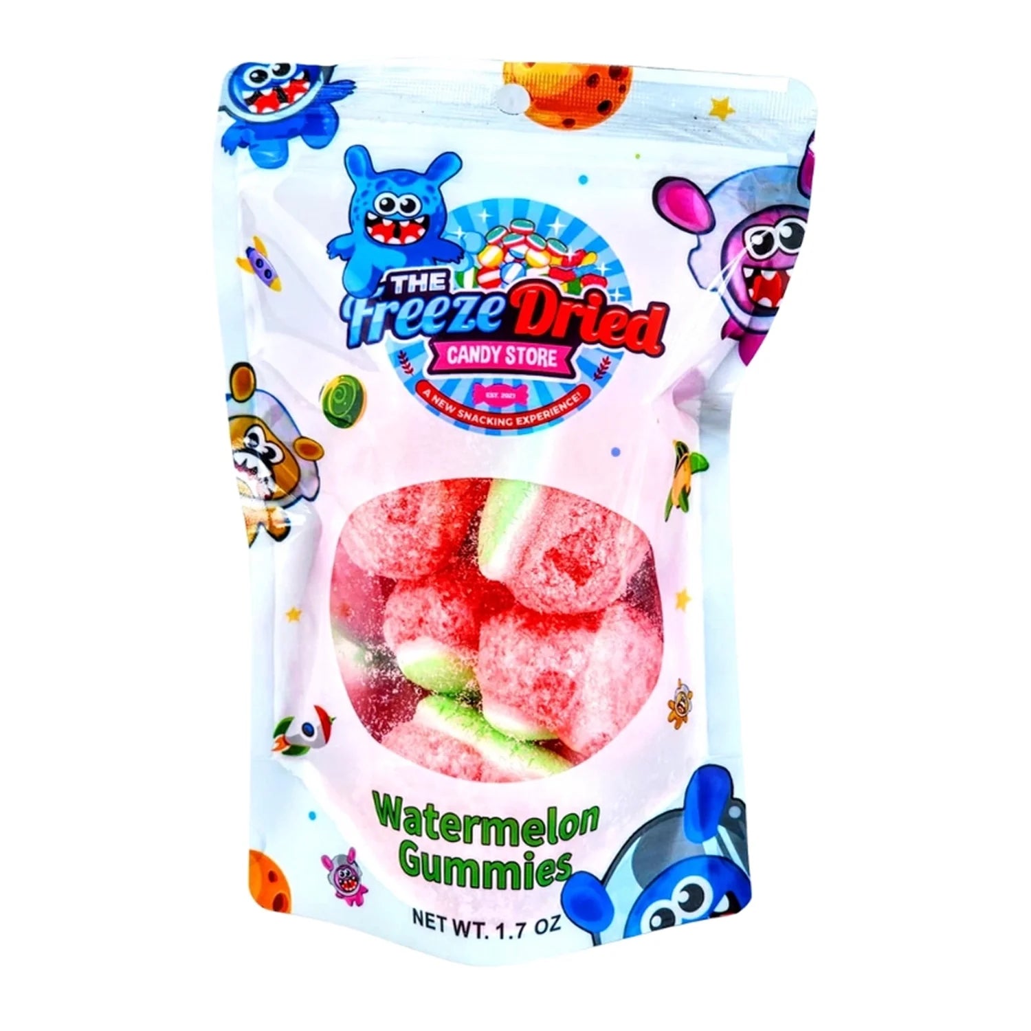 A close-up shot of The Freeze Dried Candy Store Freeze Dried Watermelon Gummies, showcasing their bright pink, puffed texture. A close-up shot of The Freeze Dried Candy Store Freeze Dried Watermelon Gummies, showcasing their bright pink, puffed texture.