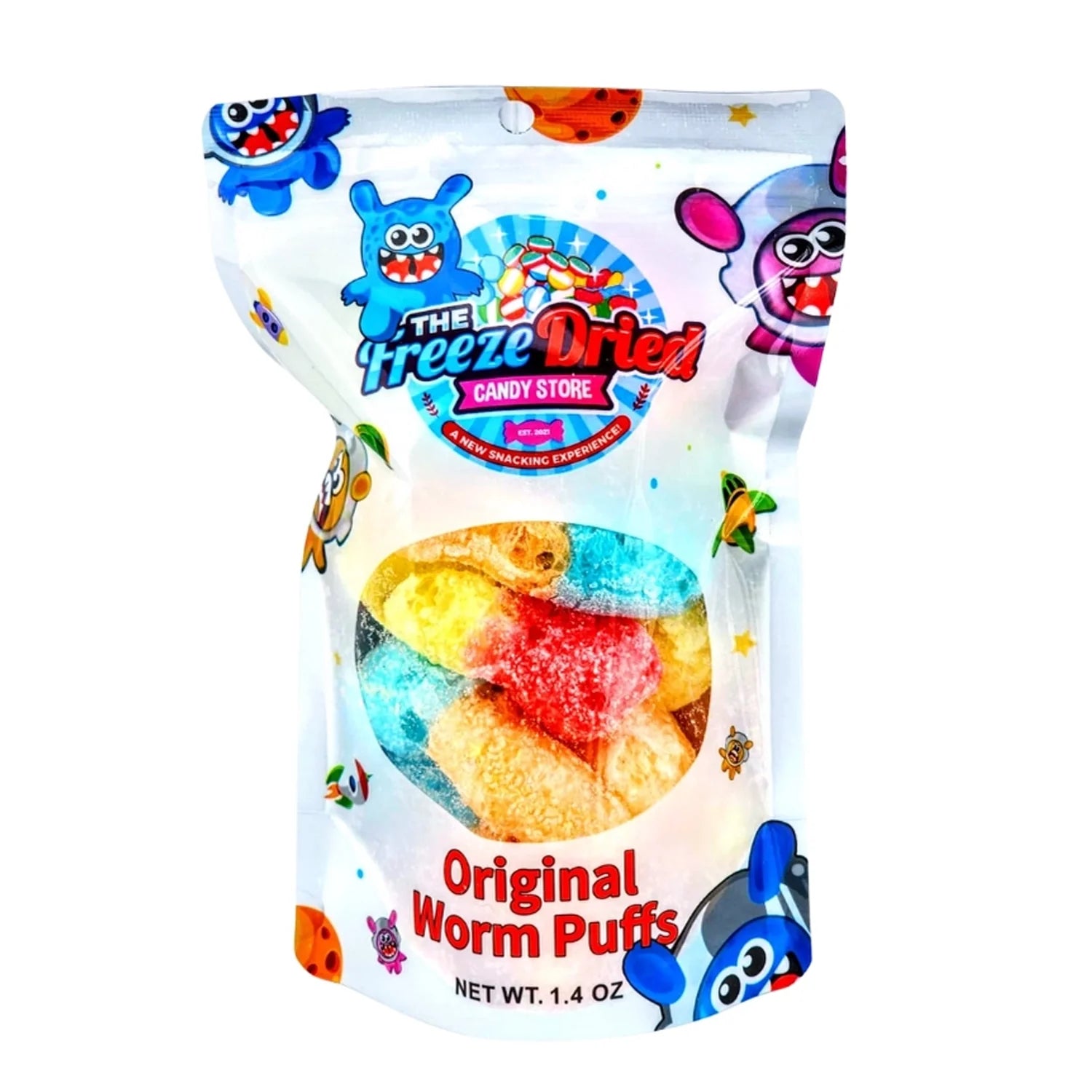 Front view of The Freeze Dried Candy Store Freeze Dried Worm Puffs in a clear bag with colorful graphics. Front view of The Freeze Dried Candy Store Freeze Dried Worm Puffs in a clear bag with colorful graphics.