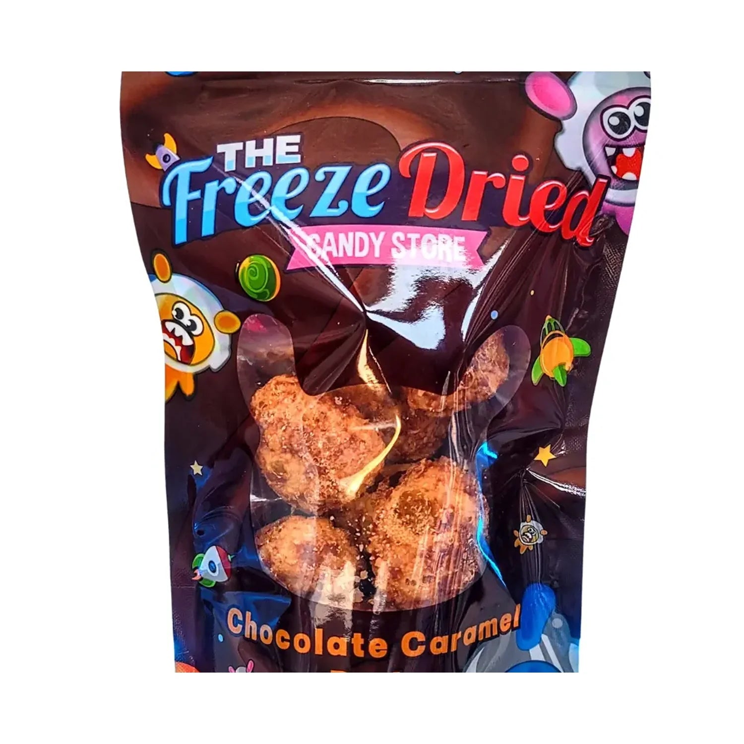 A close-up of The Freeze Dried Candy Store Freeze Dried Chocolate Caramel Duds in a clear bag, showcasing their textured, freeze-dried form. A close-up of The Freeze Dried Candy Store Freeze Dried Chocolate Caramel Duds in a clear bag, showcasing their textured, freeze-dried form.