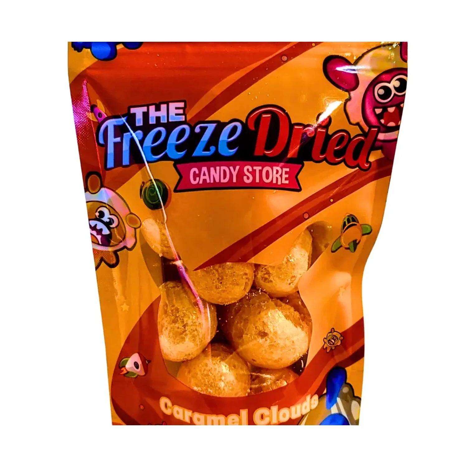 Front view of The Freeze Dried Candy Store Freeze Dried Caramel Clouds, showing a colorful package with a cartoon cloud design. Front view of The Freeze Dried Candy Store Freeze Dried Caramel Clouds, showing a colorful package with a cartoon cloud design.