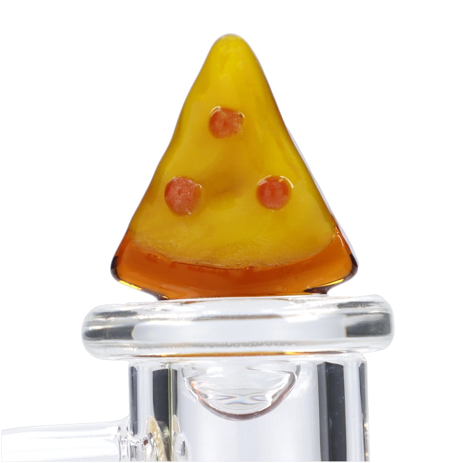 A close-up, angled view of the Pizza Carb Cap, showcasing its translucent orange glass construction. A close-up, angled view of the Pizza Carb Cap, showcasing its translucent orange glass construction.