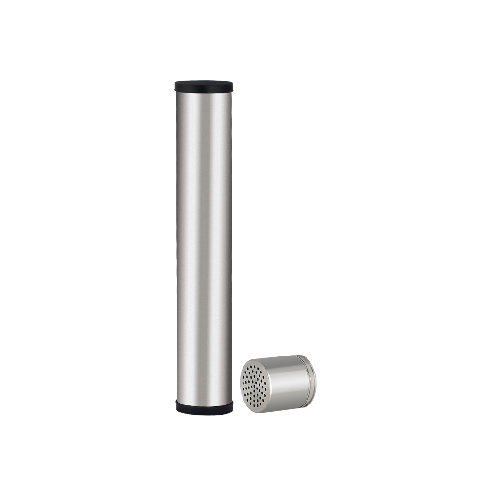 Front view of the Roffu Dosing Pod Kit, a silver cylindrical component next to a smaller, rounded pod on a white background. Front view of the Roffu Dosing Pod Kit, a silver cylindrical component next to a smaller, rounded pod on a white background.