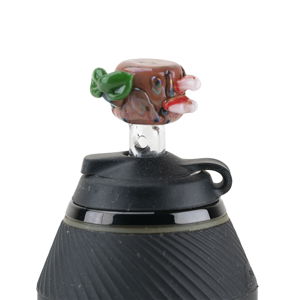 A close-up shows the Hootie PuffCo Proxy Glass Ball Cap, featuring a detailed, colorful glass design. A close-up shows the Hootie PuffCo Proxy Glass Ball Cap, featuring a detailed, colorful glass design.