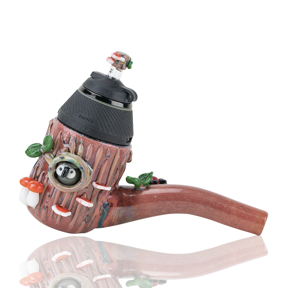 A detailed, angled view of the Hootie PuffCo Proxy Attachment Glass Sherlock Set, featuring intricate glasswork and a unique design. A detailed, angled view of the Hootie PuffCo Proxy Attachment Glass Sherlock Set, featuring intricate glasswork and a unique design.