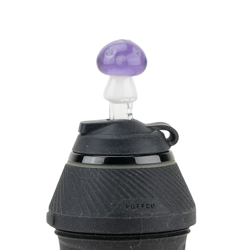 A close-up shows the Sriusly Shrooms PuffCo Proxy glass ball cap, displaying a rounded, mushroom-shaped design in a soft, diffused light. A close-up shows the Sriusly Shrooms PuffCo Proxy glass ball cap, displaying a rounded, mushroom-shaped design in a soft, diffused light.