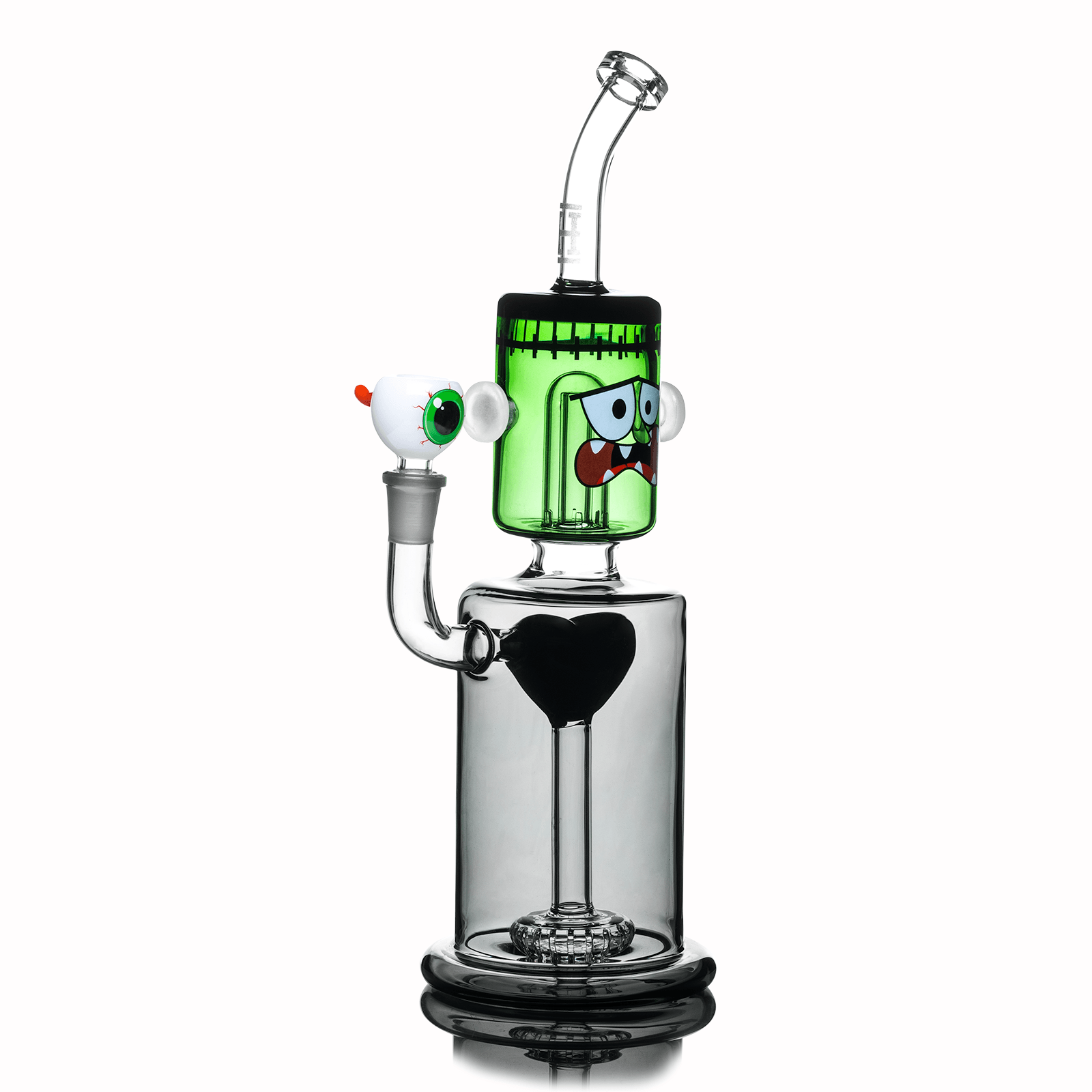 Front view of the Dankenstein XL Bong, a green glass piece with a monster-themed design and a rounded base. Front view of the Dankenstein XL Bong, a green glass piece with a monster-themed design and a rounded base.