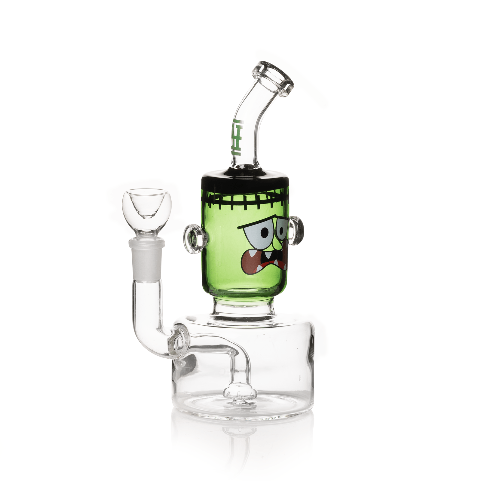 A front view of the Dankenstein Bong, featuring a clear glass design with a monster-themed illustration. A front view of the Dankenstein Bong, featuring a clear glass design with a monster-themed illustration.